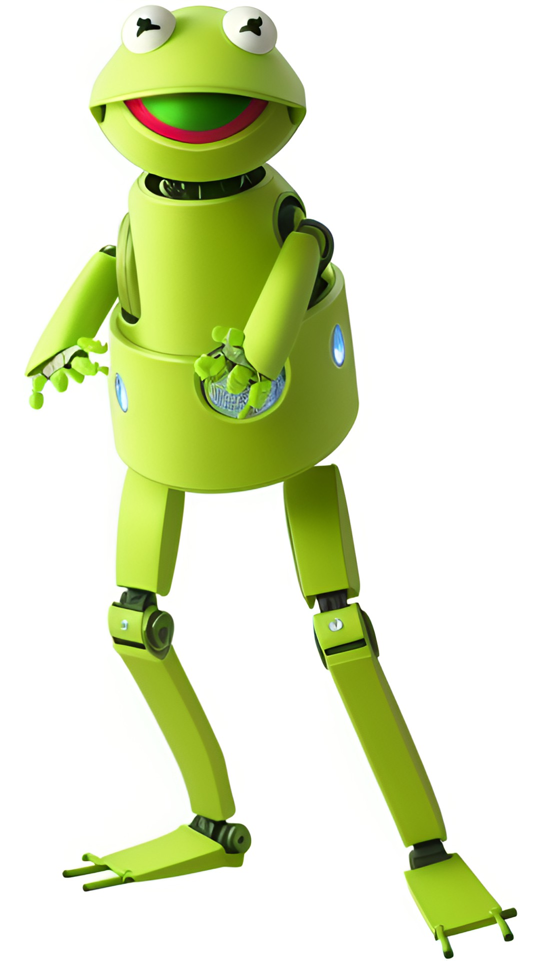 robot kermit - kermit the frog as a robot. he has green metal skin and red glowing eyes. he is holding a microphone in one hand and is ready to entertain. preview