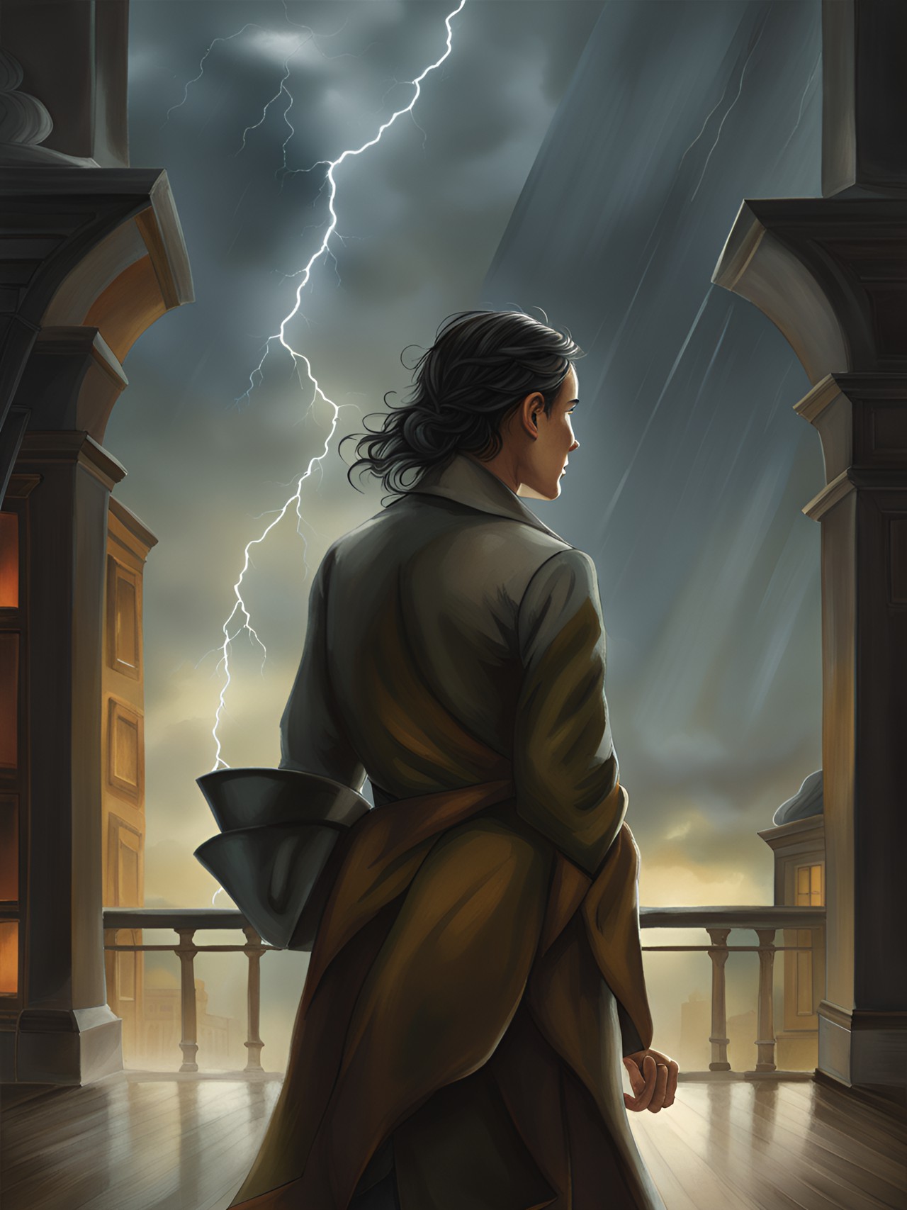 outside, a storm rages, with rain pelting against the tall windows. thunder rumbles in the distance, adding to the atmosphere of suspense. as the figure turns the pages, their expression changes from curiosity to bewilderment. they glance around the room, sensing that they are not alone. preview