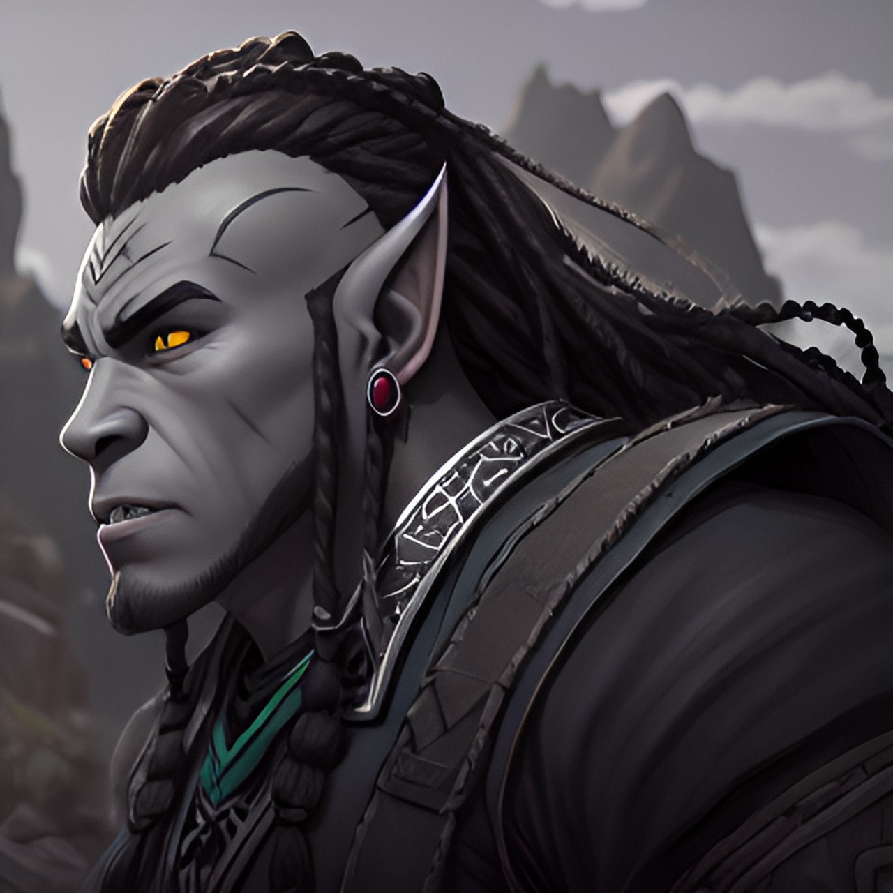 half orc with gray skin
medium length dreads
small underbite
gray eyes preview