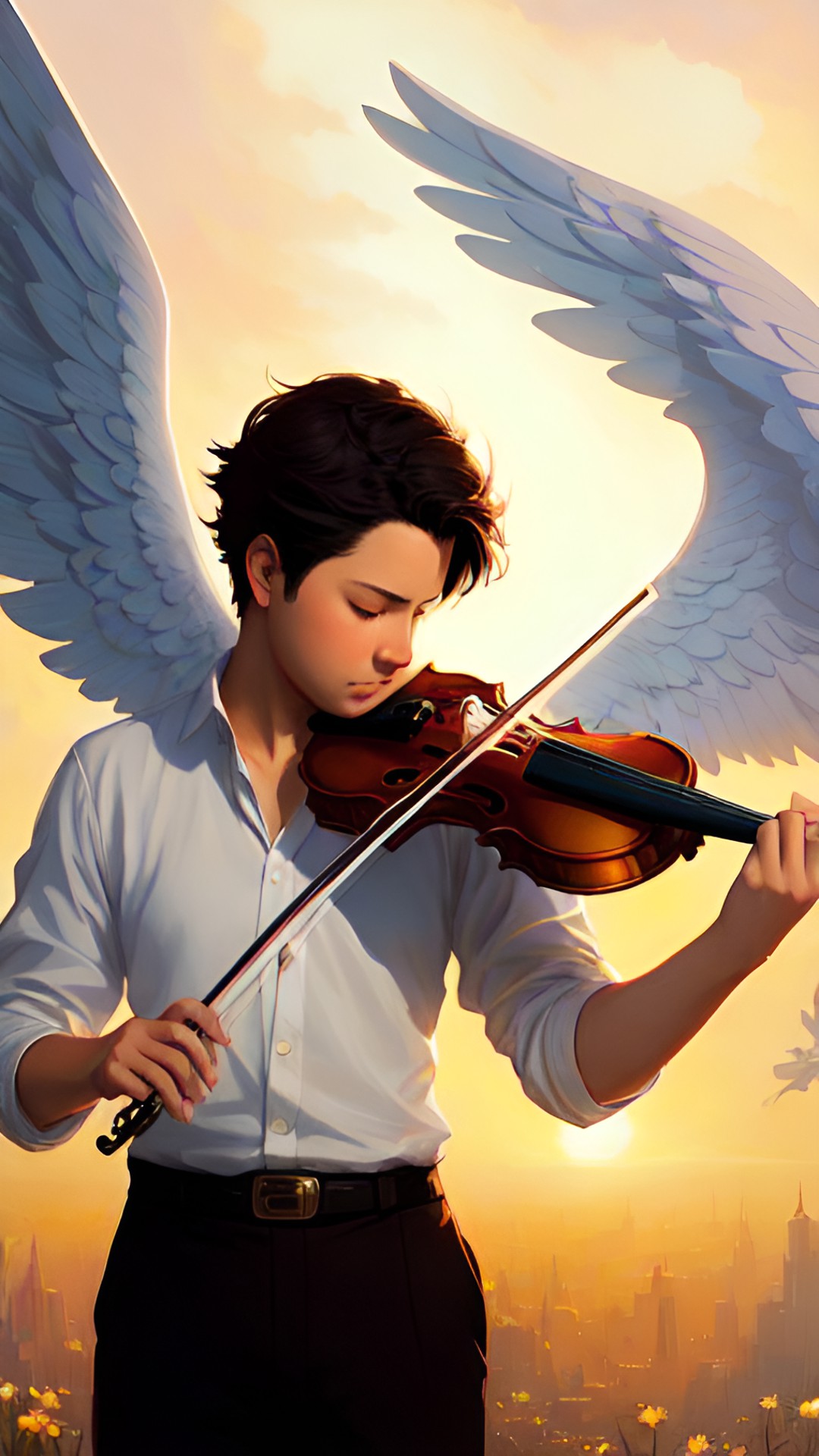 male angel playing the violin, heavenly, highly detailed. fantasy art preview