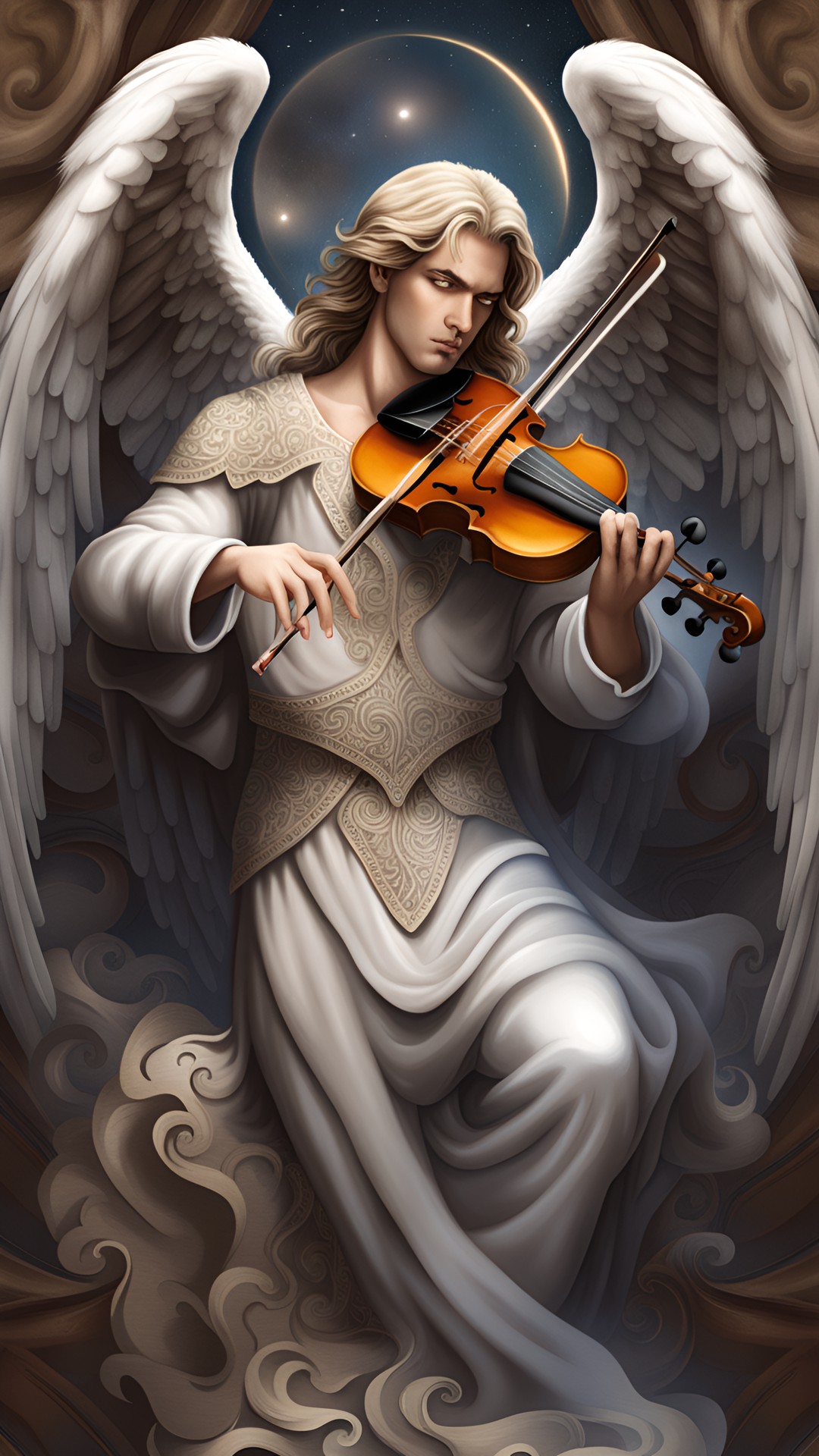 male angel playing the violin, heavenly, highly detailed. fantasy art preview