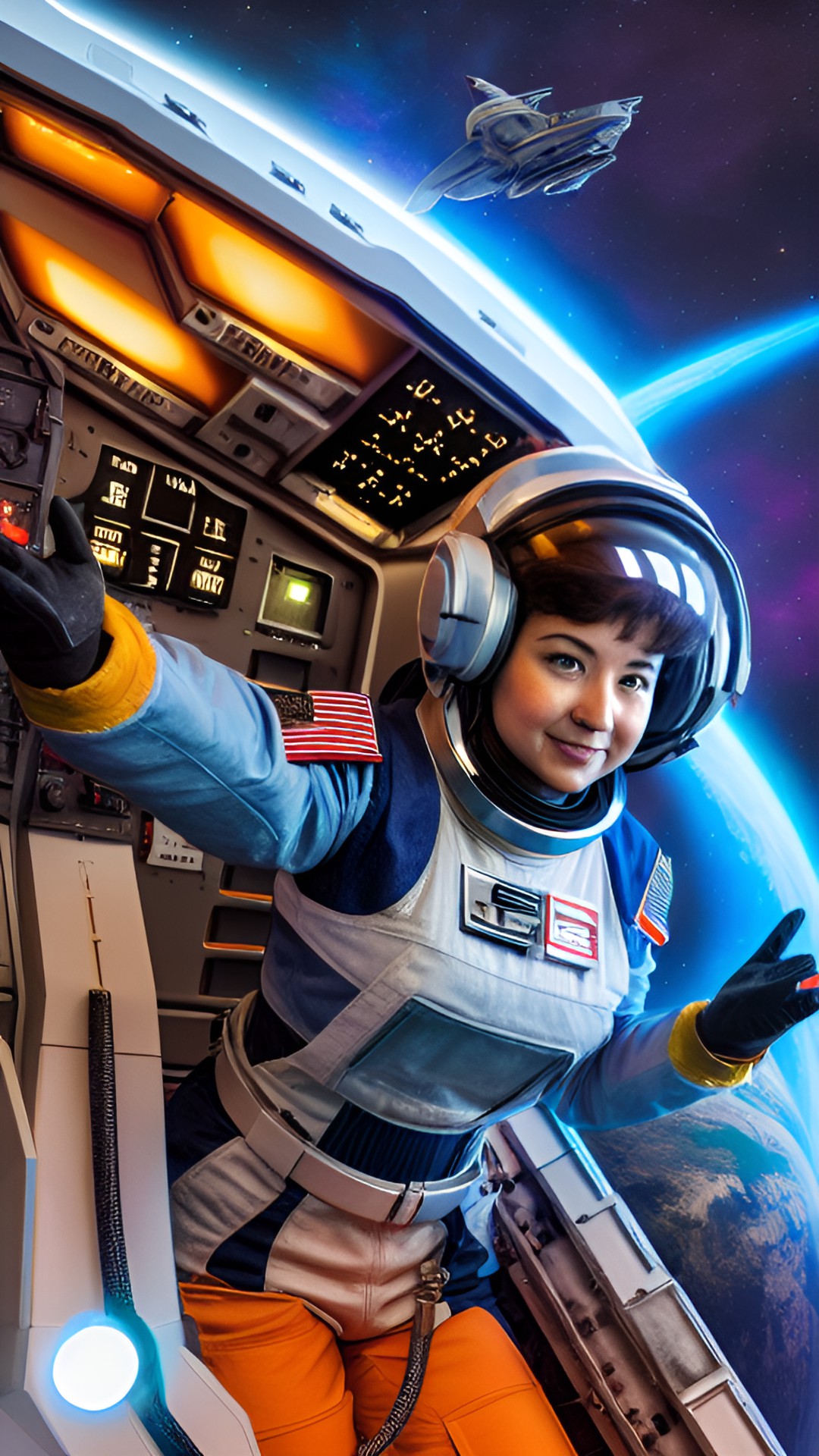 lady space officer in cockpit, starship hyperdrive engineer starting preview