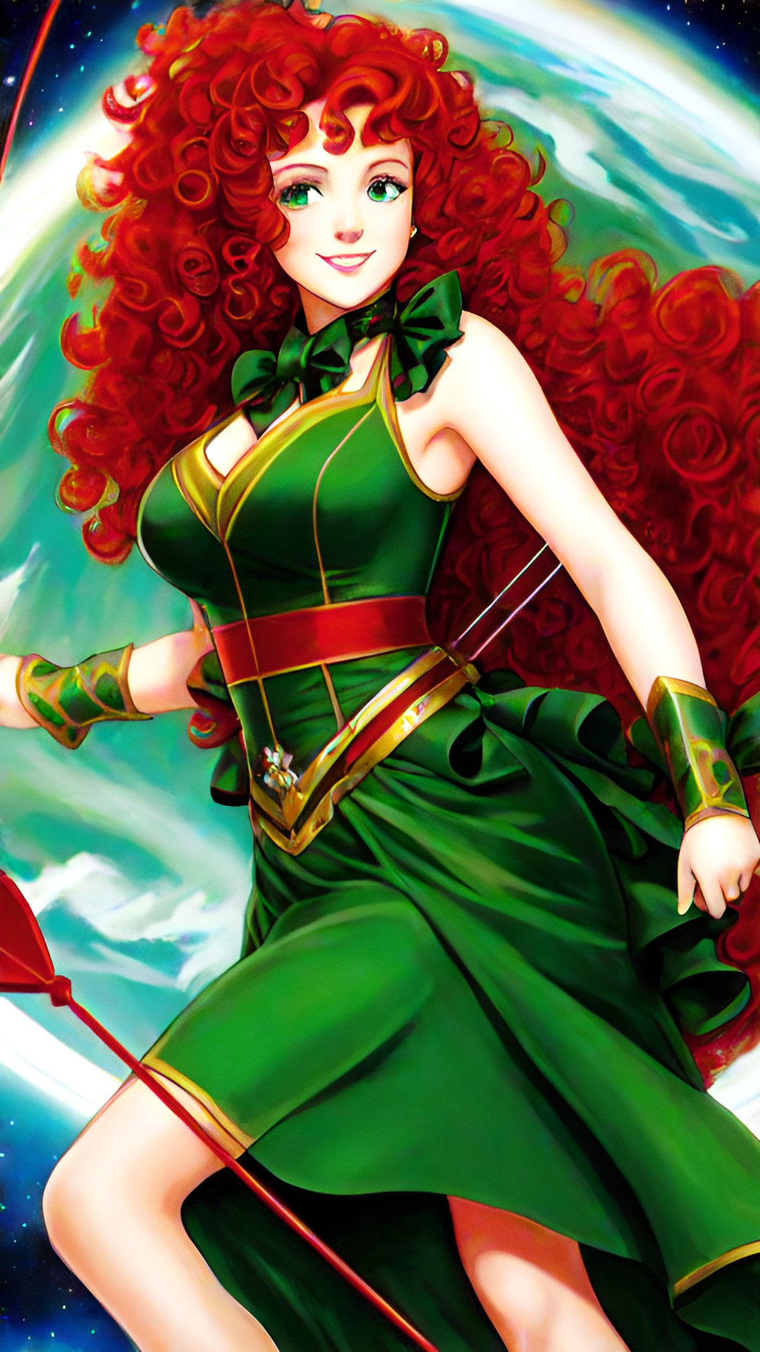 Emerald princess - woman, red curly hair, green gown, bow and arrow, vines, in space, grinning, green eyes preview