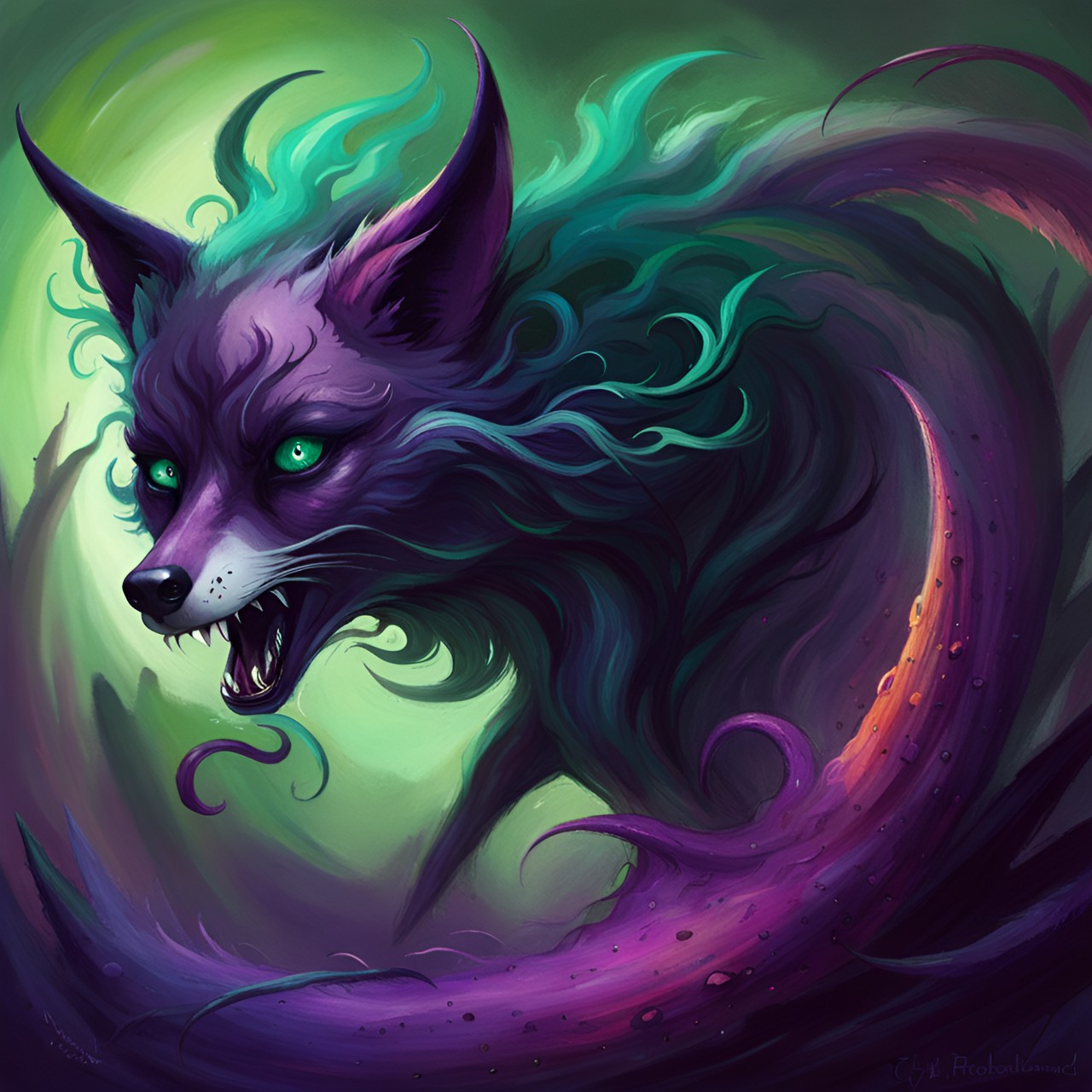 13 tailed void fox with green eyes its body a dark smoke with ethereal purple wisps. preview