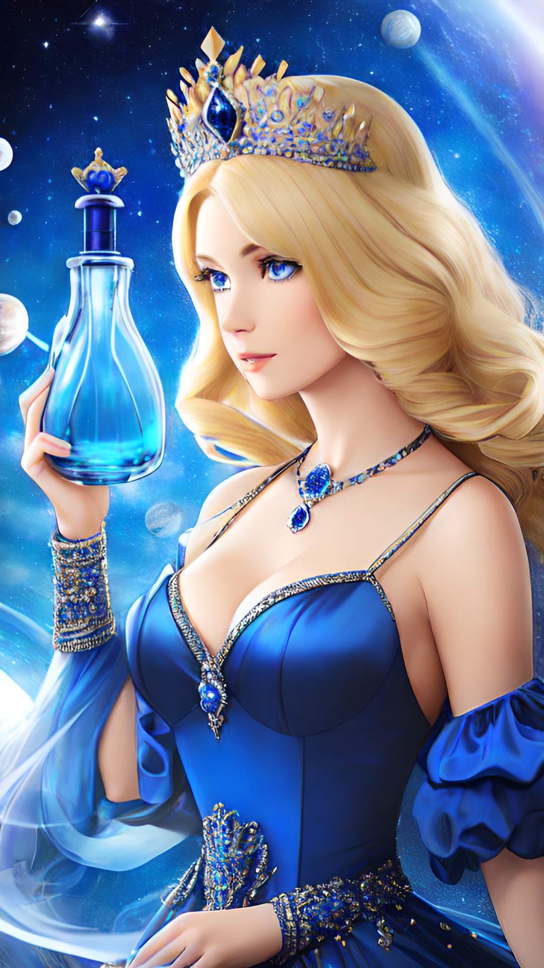 Sapphire Princess - blonde woman, blue gown, holding potion bottle, water power, blue eyes, in space, sapphire crown preview