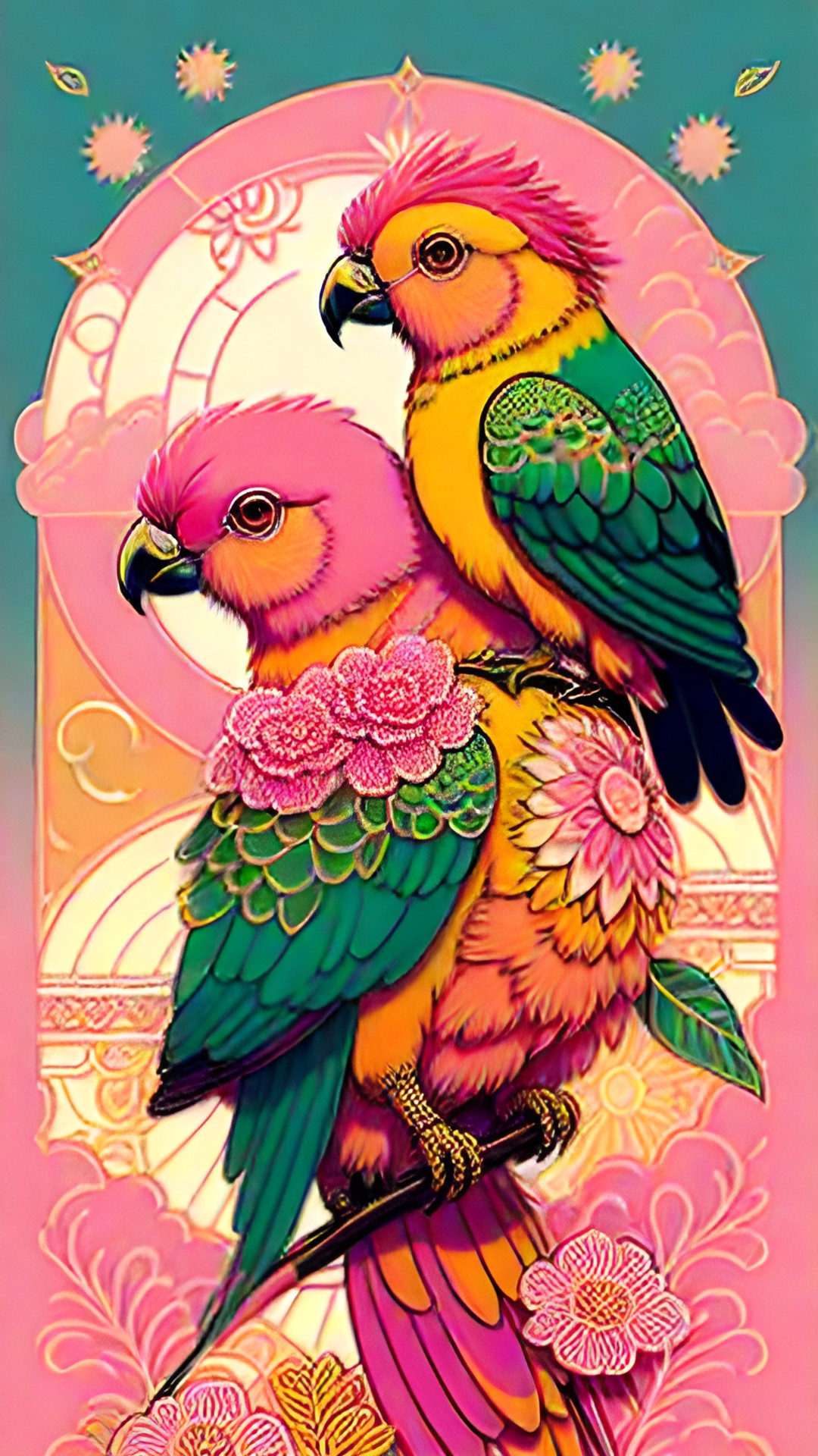 art nouveau, two realistic sun conure parrots in loving gesture , gold filigree carnations in all hues of pink, sunset with puffy clouds with hues of pink and orange preview