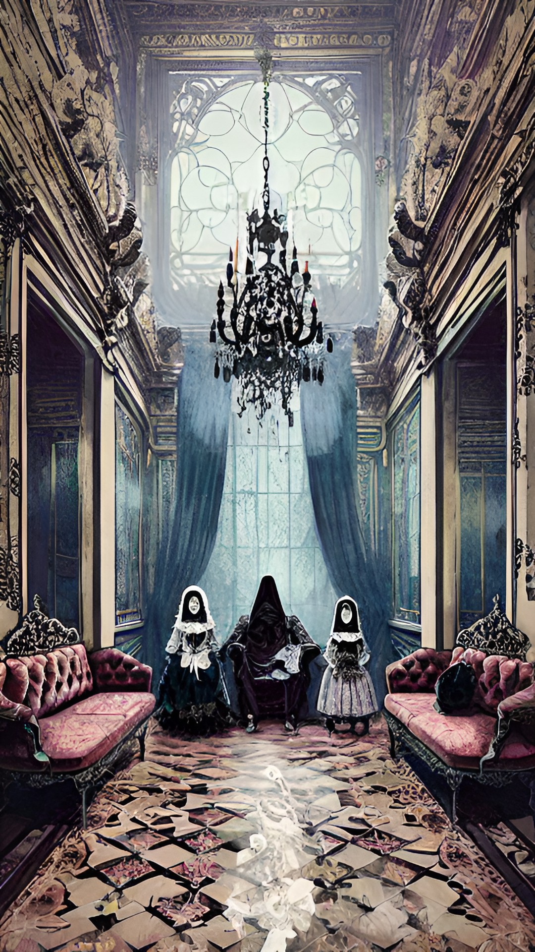 lost family, melancholy spectres, ghosts, in a haunted victorian mansion, subdued colors, baroque furnishings, loss and despair preview