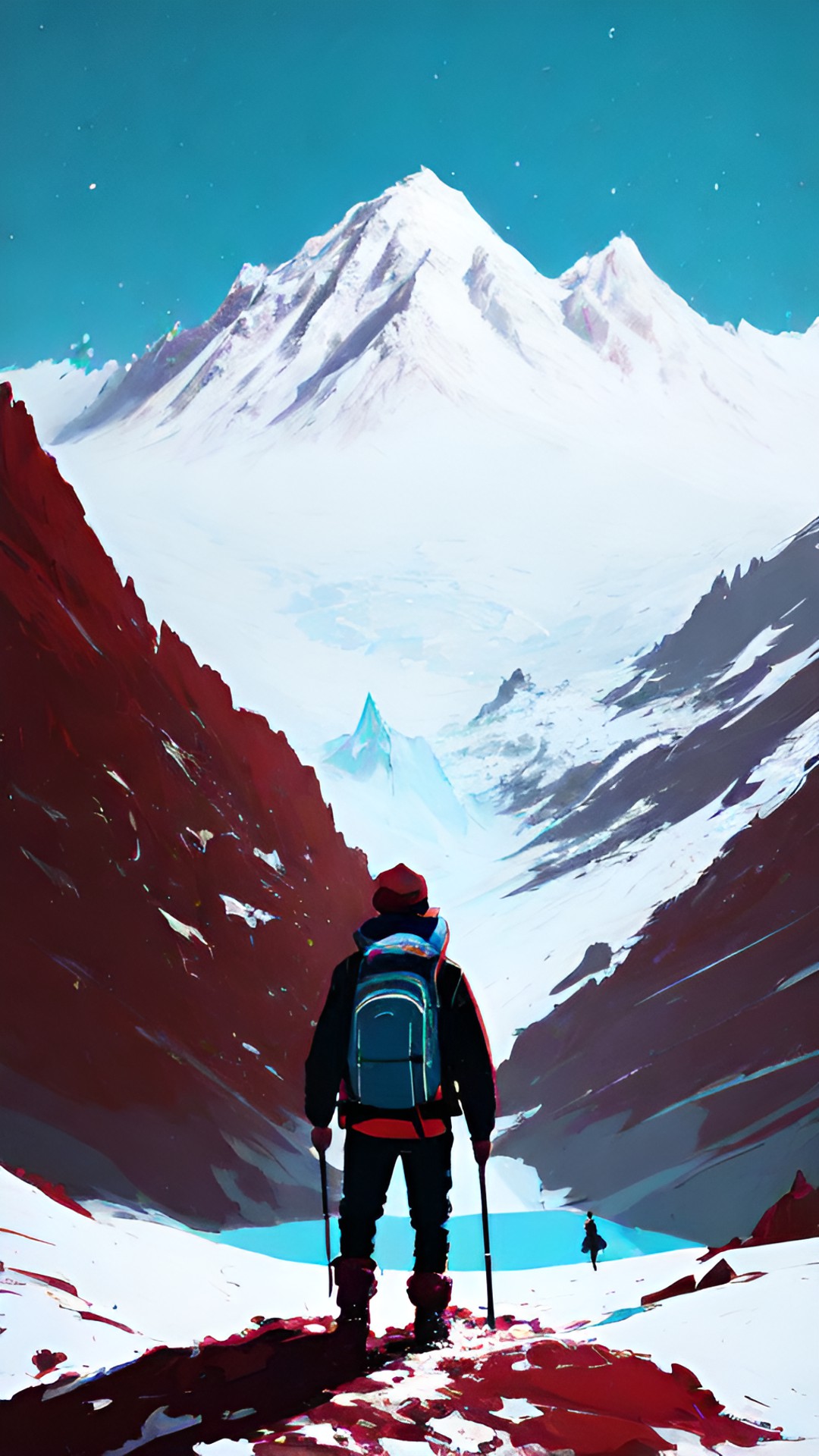 a man is looking up at a mountain path in the snow, preparing to hike up the snowy alpine mountain. he is wearing a backpack and has hiking poles in his hands. he is just starting the hike from a lake preview