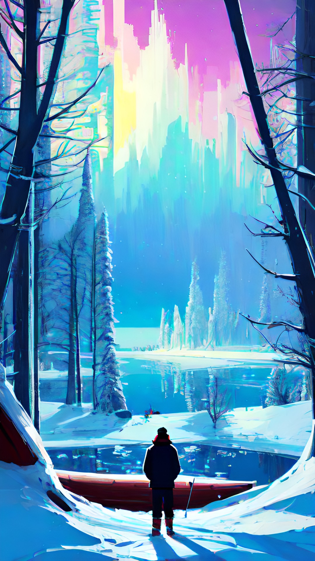 a man is looking out onto a frozen lake after waking up in his log cabin in the woods. he can see his breath in the cold air, and the frost on the windows. preview