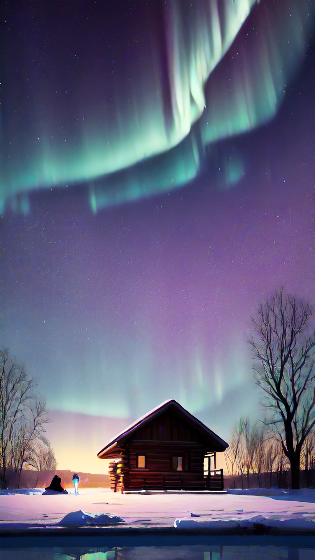 a man is looking out onto a frozen lake after waking up in his log cabin in the woods. he can see his breath in the cold air, and the frost on the windows. there is aurora borealis streaking across the night sky preview