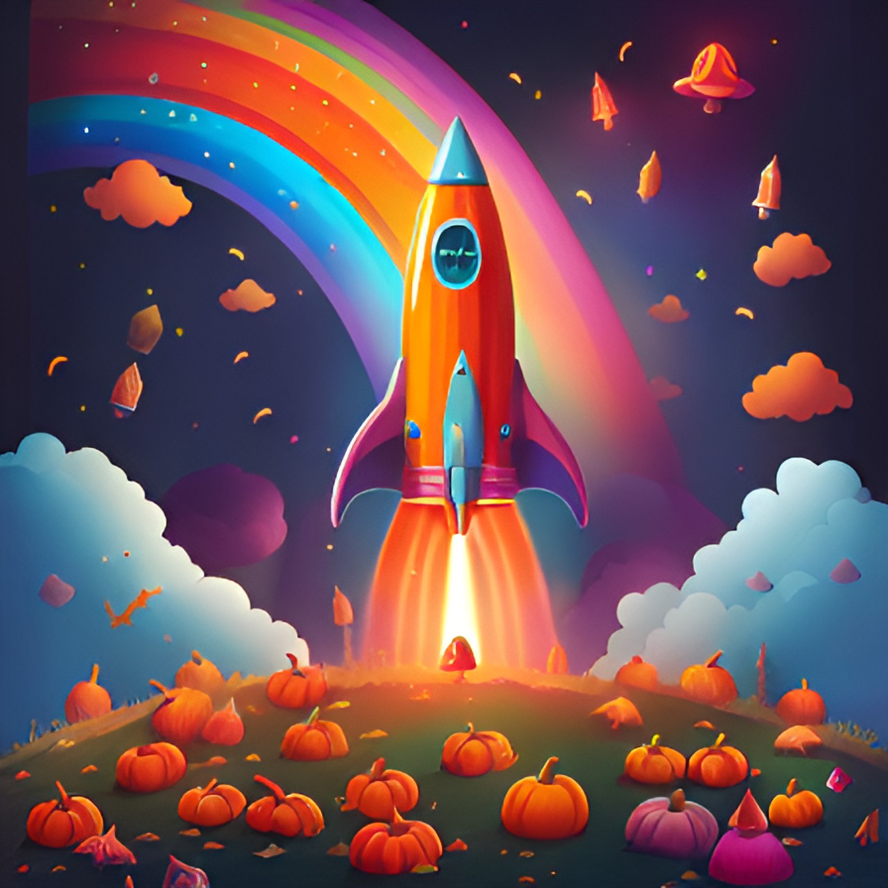 a rocket in a shape of a halloween pumpkin launching into the stratosphere full of rainbow unicorns psychedelic patterned mushrooms - write “octoberfest” on the rocket preview