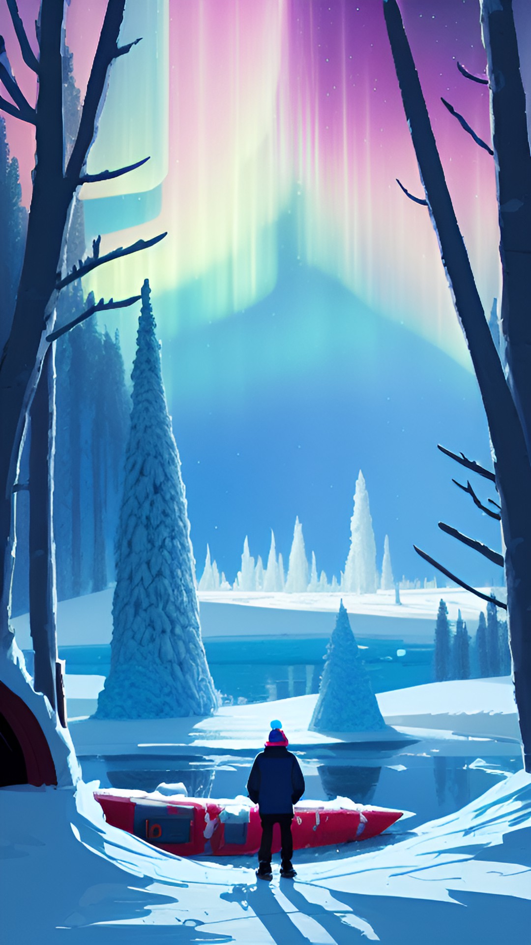 a man is looking out onto a frozen lake after waking up in his log cabin in the woods. he can see his breath in the cold air, and the frost on the windows. there is aurora borealis streaking across the sky preview