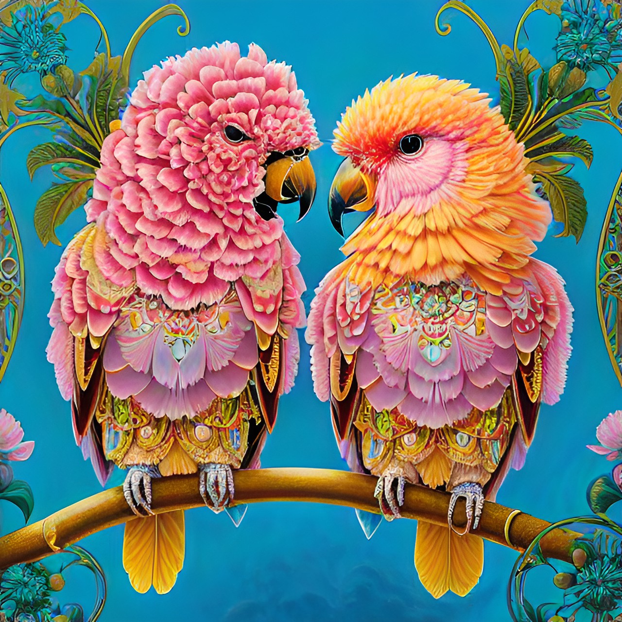 art nouveau, two realistic sun conure parrots in loving gesture , gold filigree carnations in all hues of pink, sunset with puffy clouds with hues of pink and orange preview