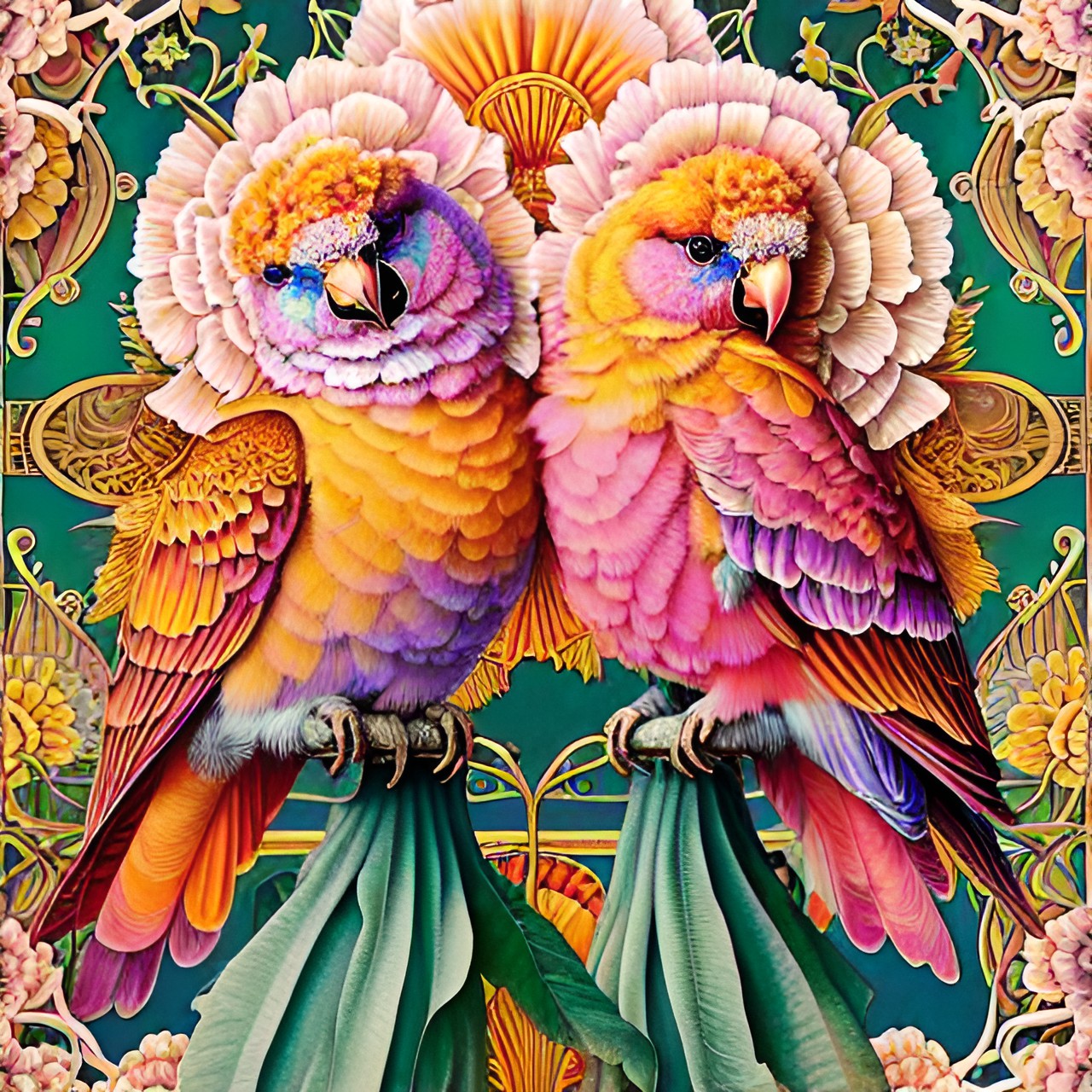 art nouveau, two realistic sun conure parrots in loving gesture , gold filigree carnations in all hues of pink, sunset with puffy clouds with hues of pink and orange preview