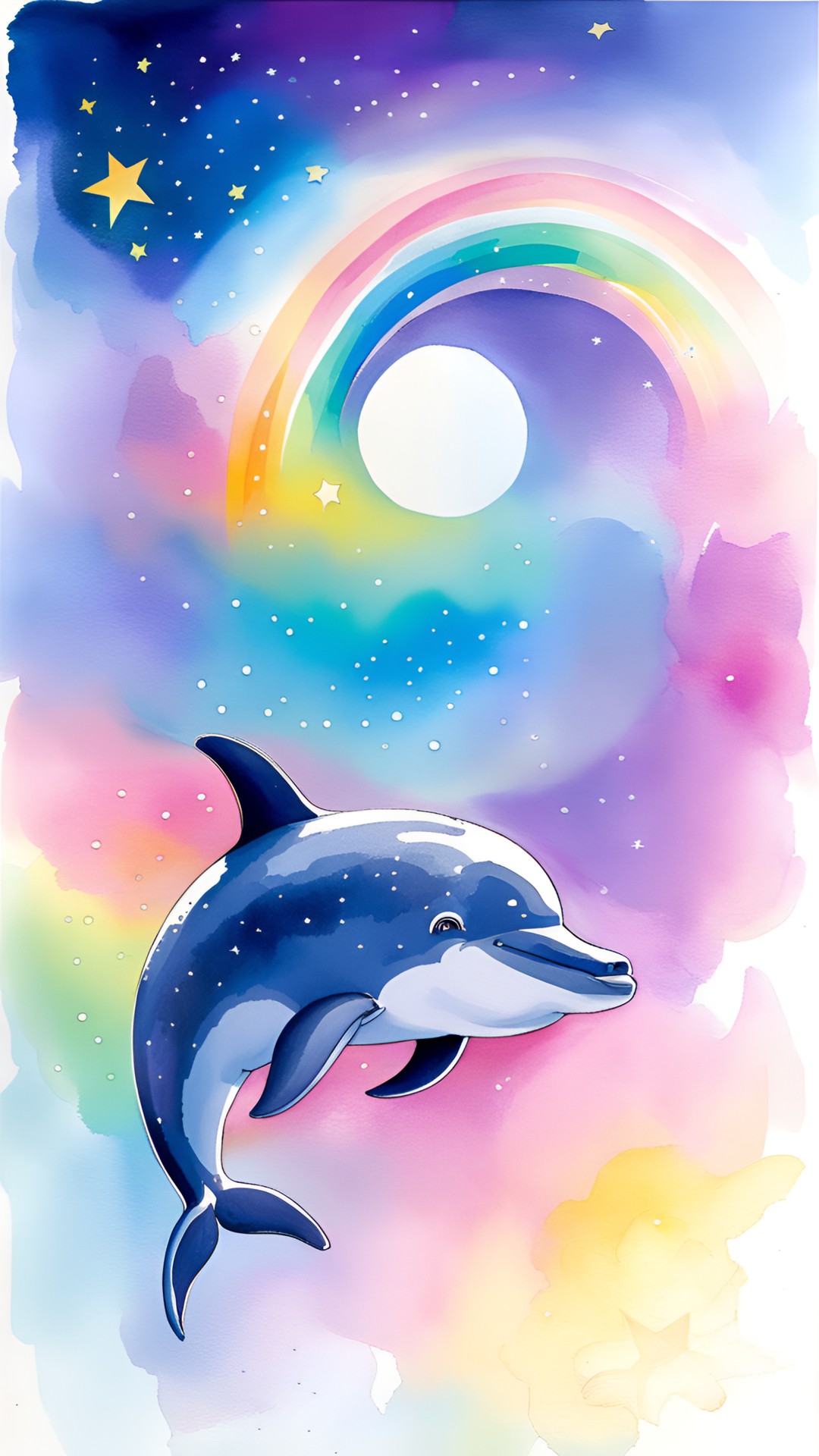 Happy space dolphin - dolphin in space, surrounded by a field of rainbow stars. it looks peaceful and serene. preview