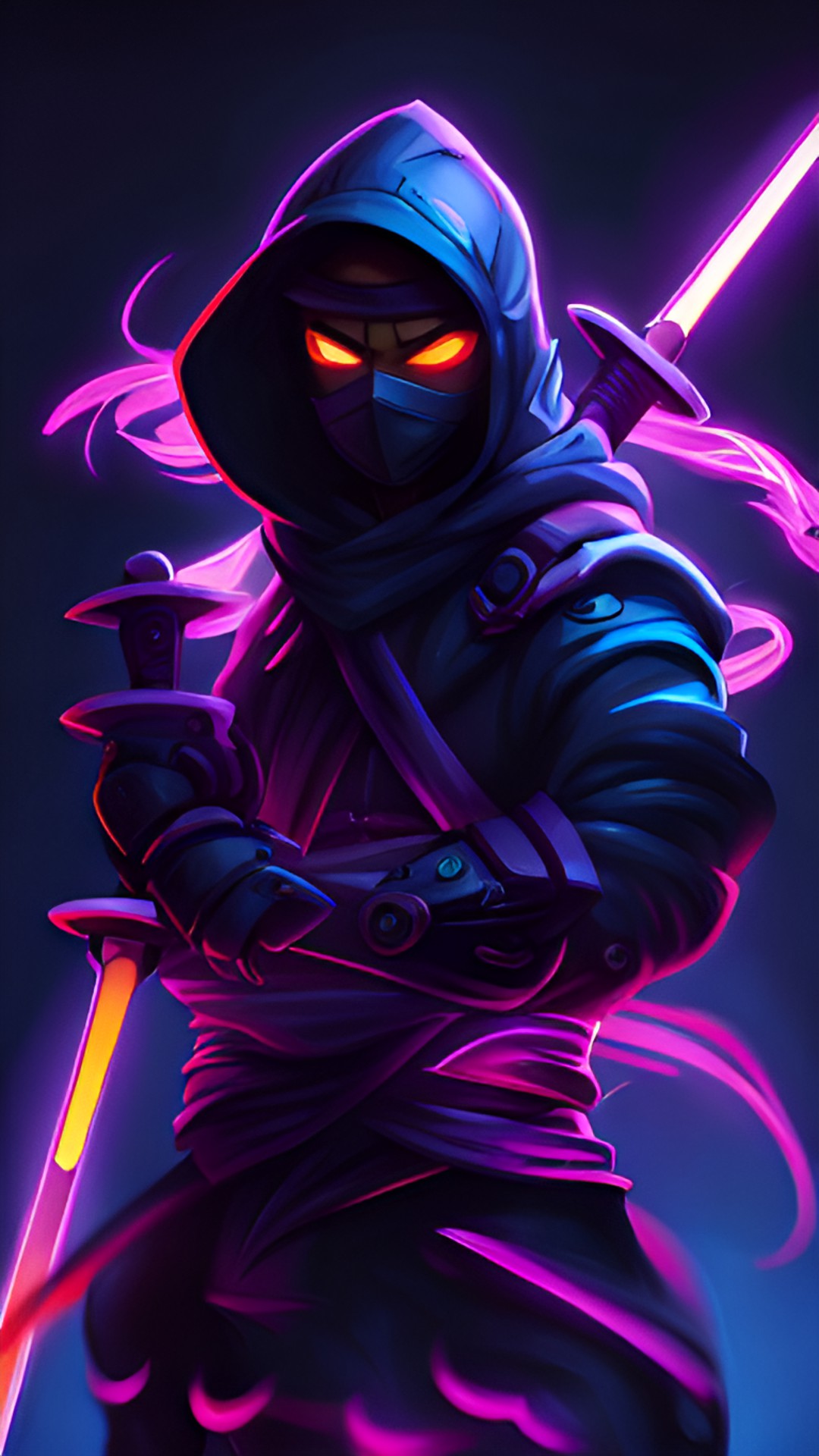 Neon ninja - neon ninja with 2 neon swords, one in each hand. the swords are glowing brightly and the ninja is cloaked in a dark shadow. preview