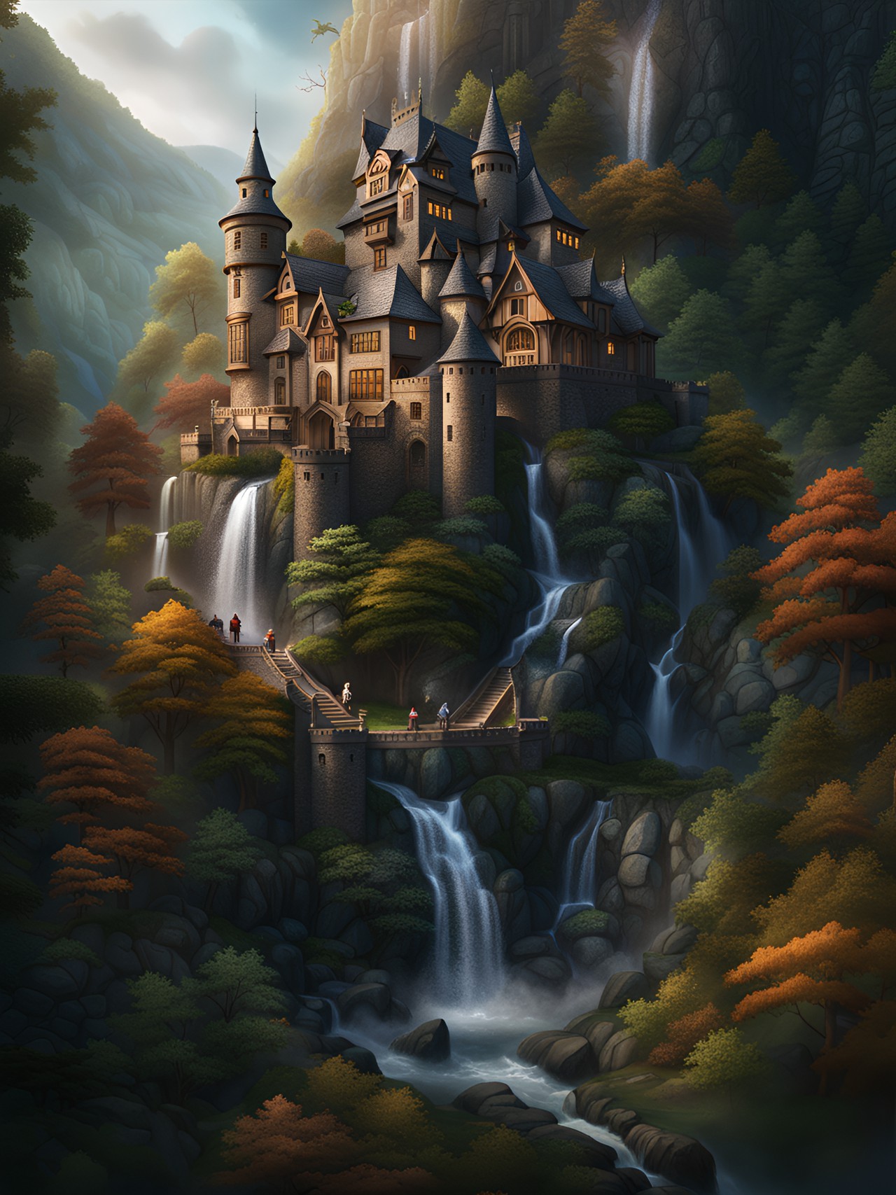 Fantasy castle - castle in the mountain vale surrounded by waterfalls and forest, 8k, detailed and intricate, deep exposure, high definition, hdr preview