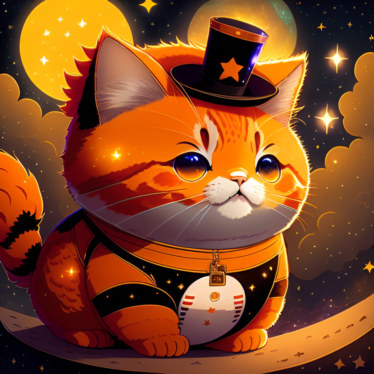 My dad’s rotund cat - fat orange cat;;3 wearing a top hat, cute, fluffy, rotund, in space, stars, shiny, explosion, dark, full moon background;;3 anime preview