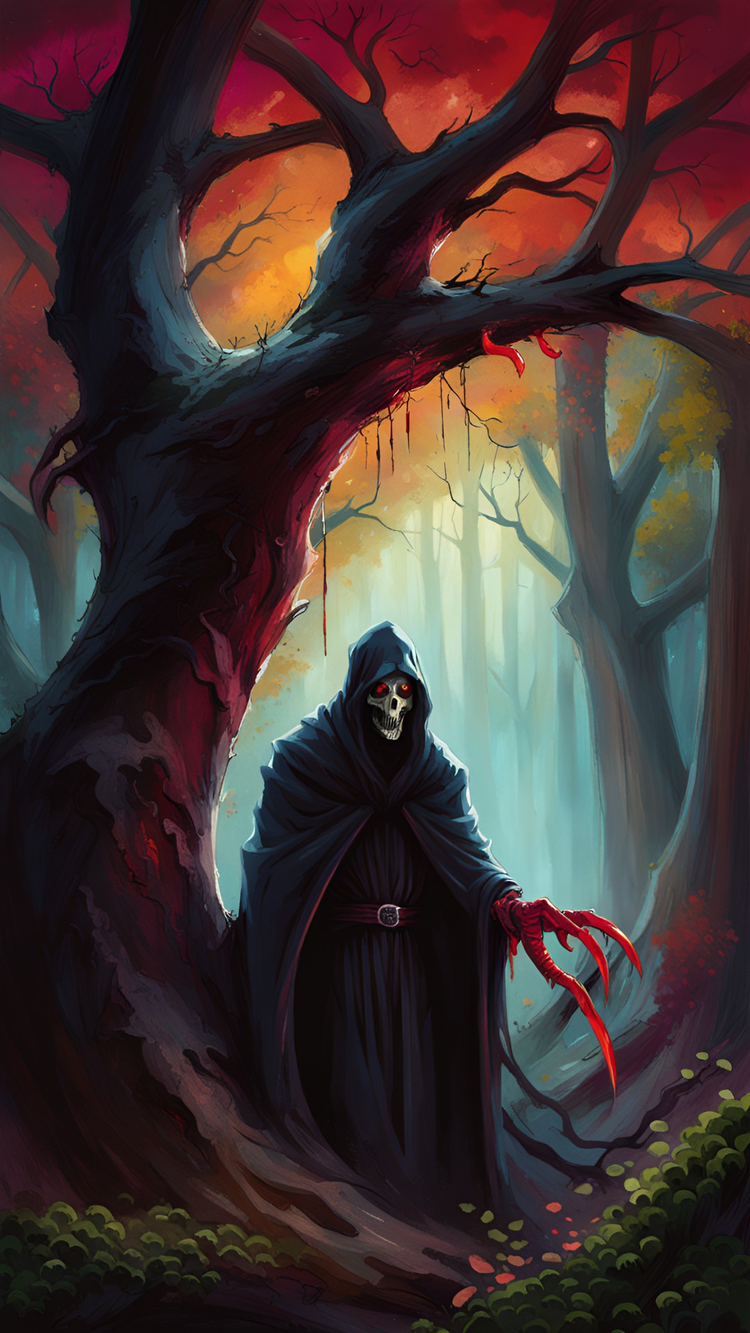 Grim reaper - grim reaper with red eyes hiding behind a tree in a dark forest preview