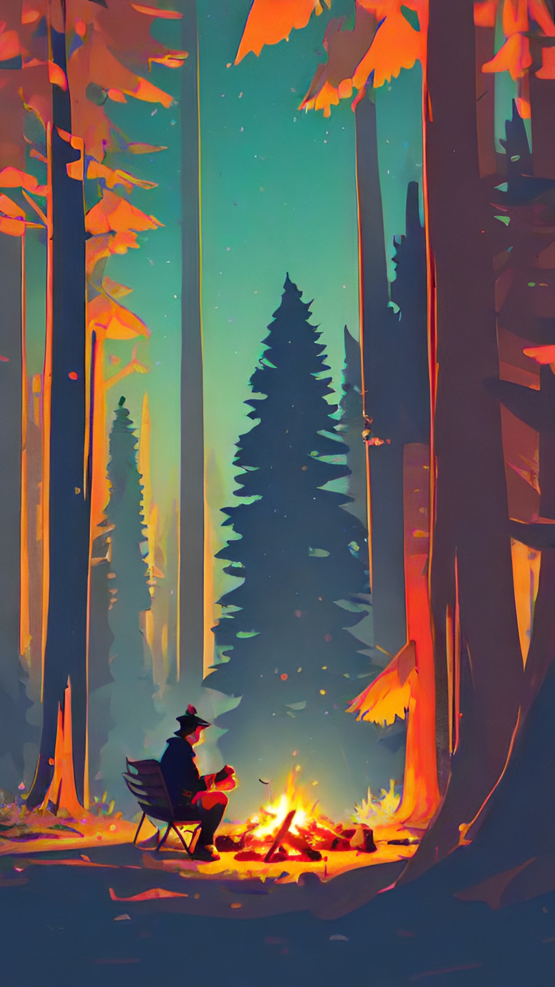 a man is sitting at a small campfire in a dark, towering forest. he is surrounded by trees and shadows, and he looks comfortable and happy. the forest is dark with tall redwood trees. there is no light in the forest other than the campfire preview