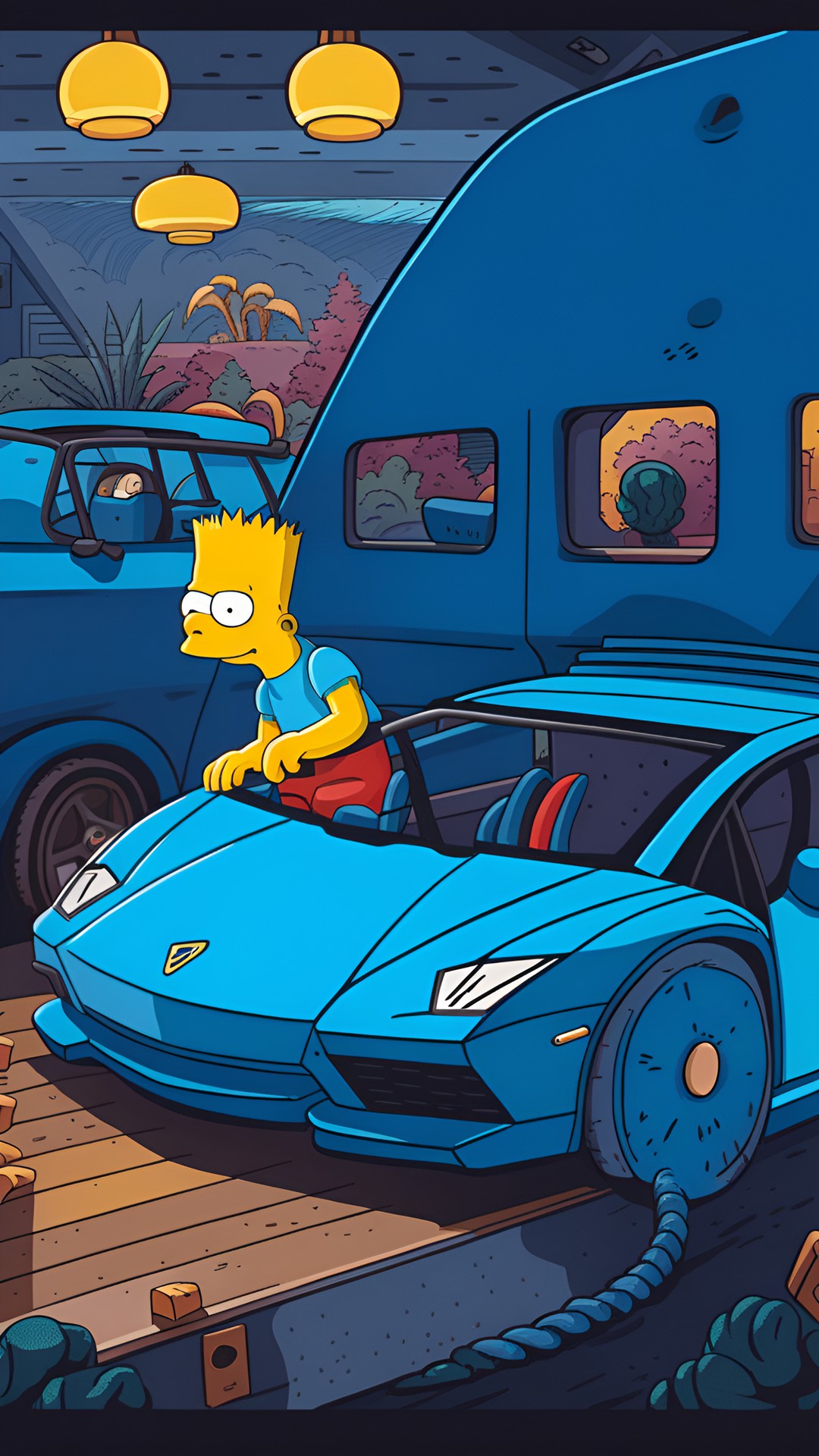 Weird Bart - bart simpson sitting in a blue lamborghini preview