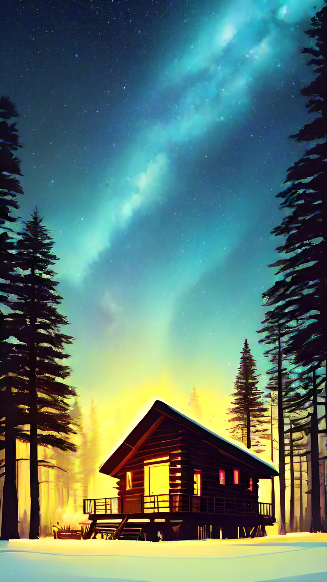 a log cabin sits in a pine forest at night, with a warm glow emanating from its windows. smoke curls up from the chimney, and the stars twinkle overhead. preview