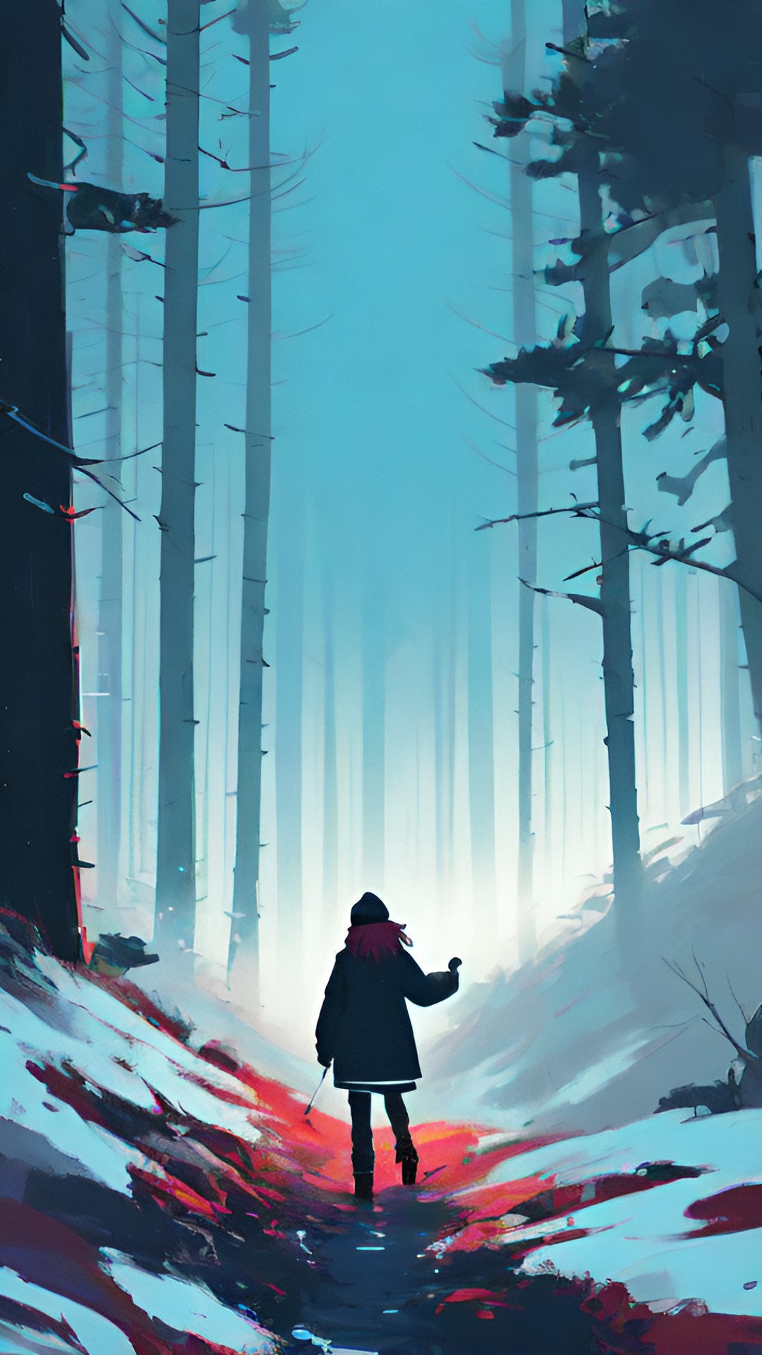 a woman hiking through a cold forest in the very early morning. she is covering her flowing hair with a beanie and is wearing a warm jacket to hold off the breeze. the sun will not break dawn for a few hours preview