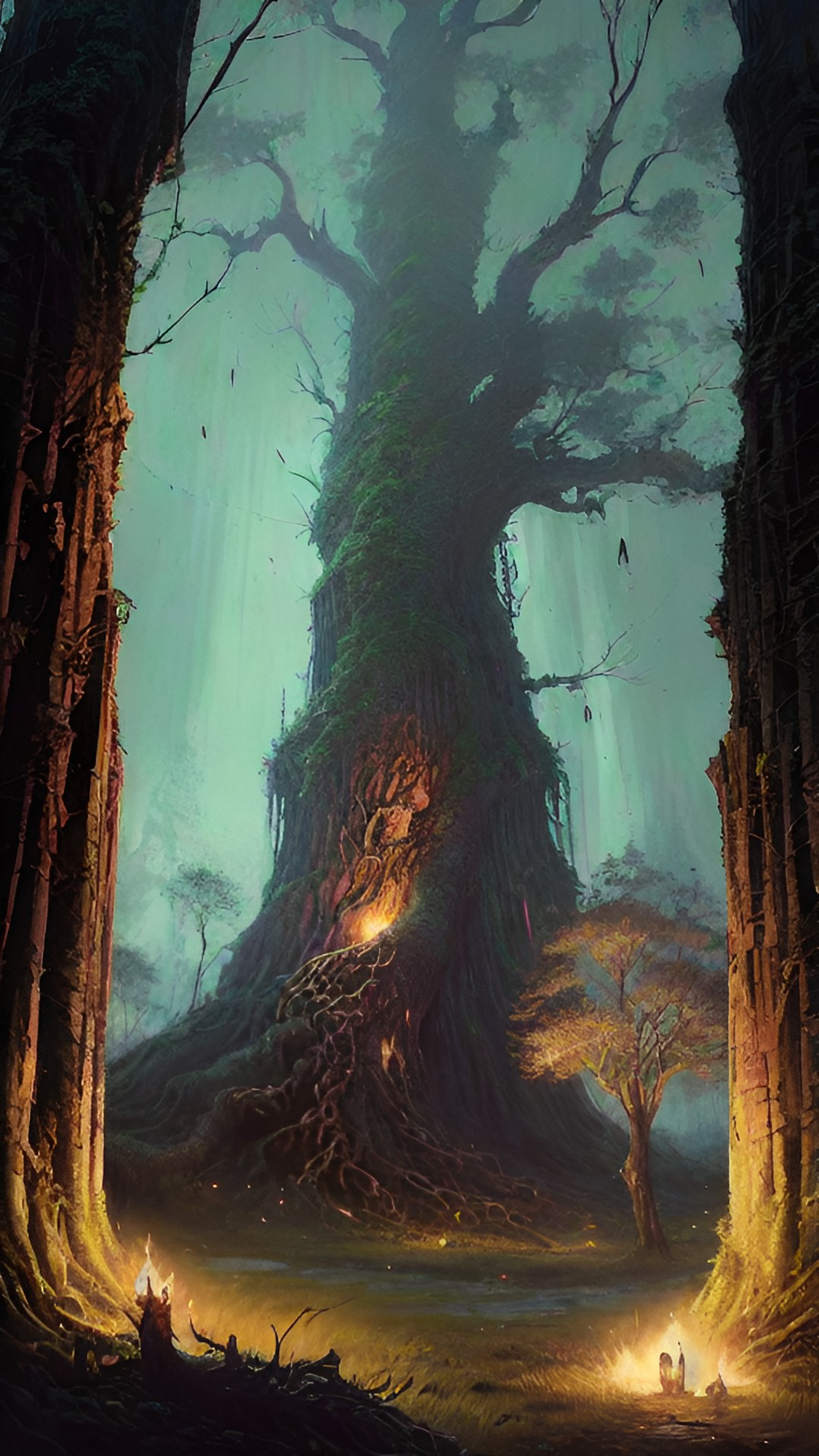 a druid is performing a bloody sacrifice under a gnarled tree. the tree is ancient and twisted. the druid is chanting a dark incantation, and the sky is dark from nightfall preview