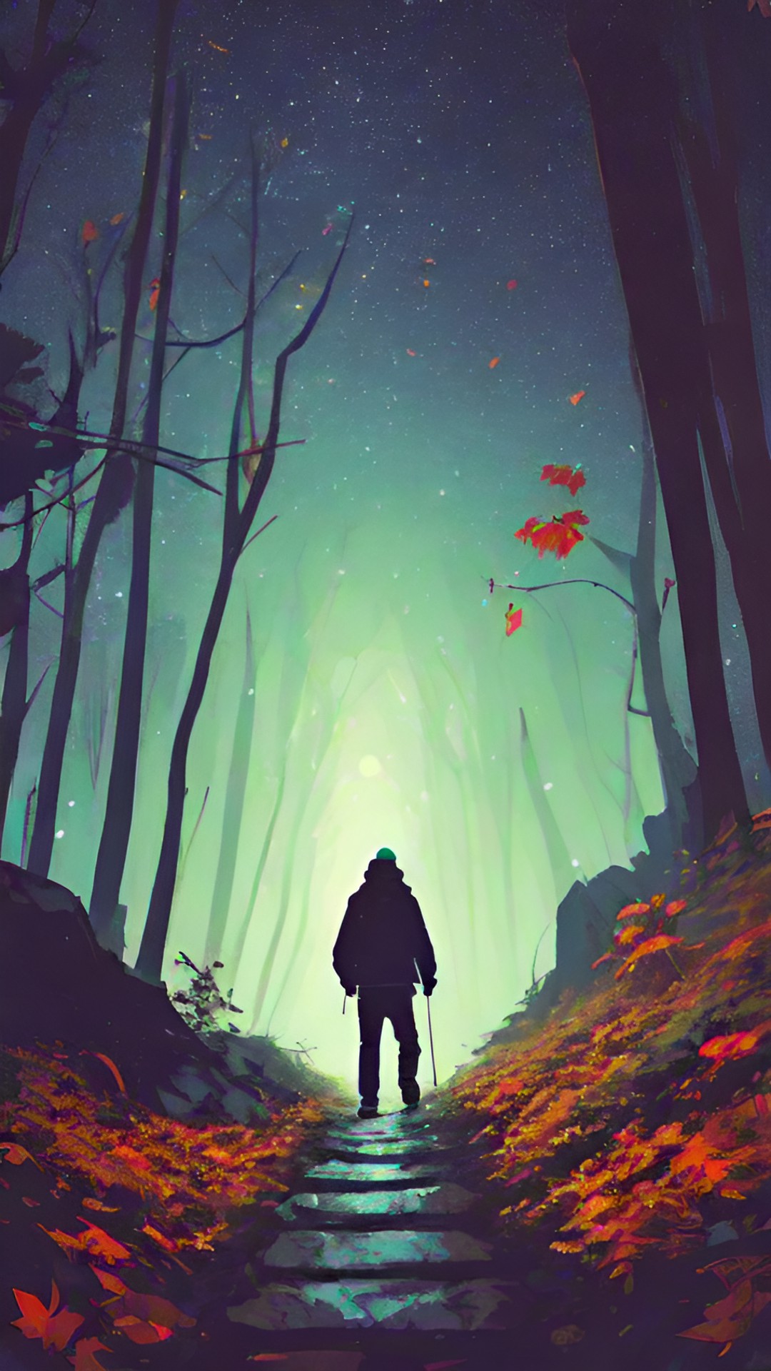 a man is hiking through an old forest at night. he is alone, and the only sound is the crunching of leaves beneath his feet. he is carrying a flashlight, dimly showing the path in front of him preview