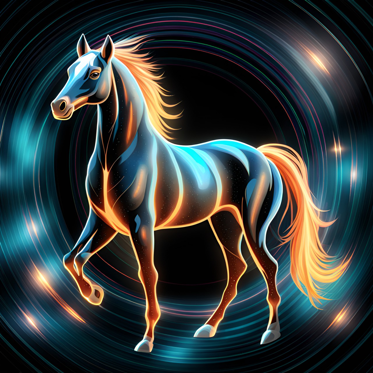 a appaloosa horse, light microscopic, with his stripes shining in the light. preview