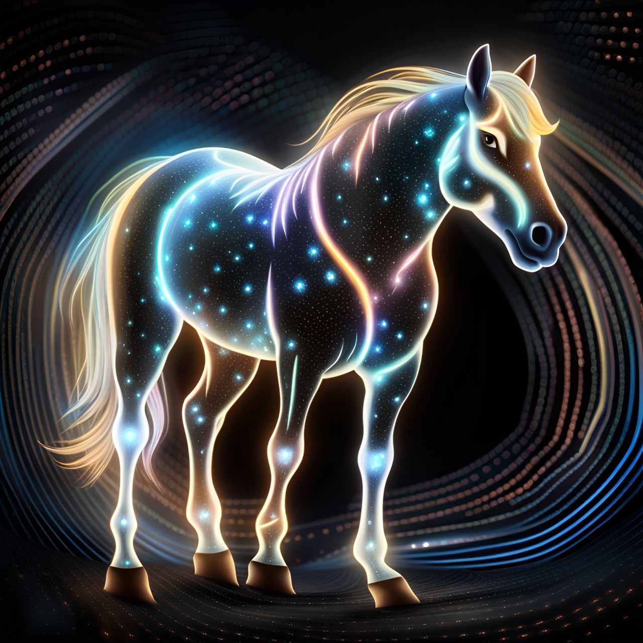 a appaloosa horse, light microscopic, with his stripes shining in the light. preview