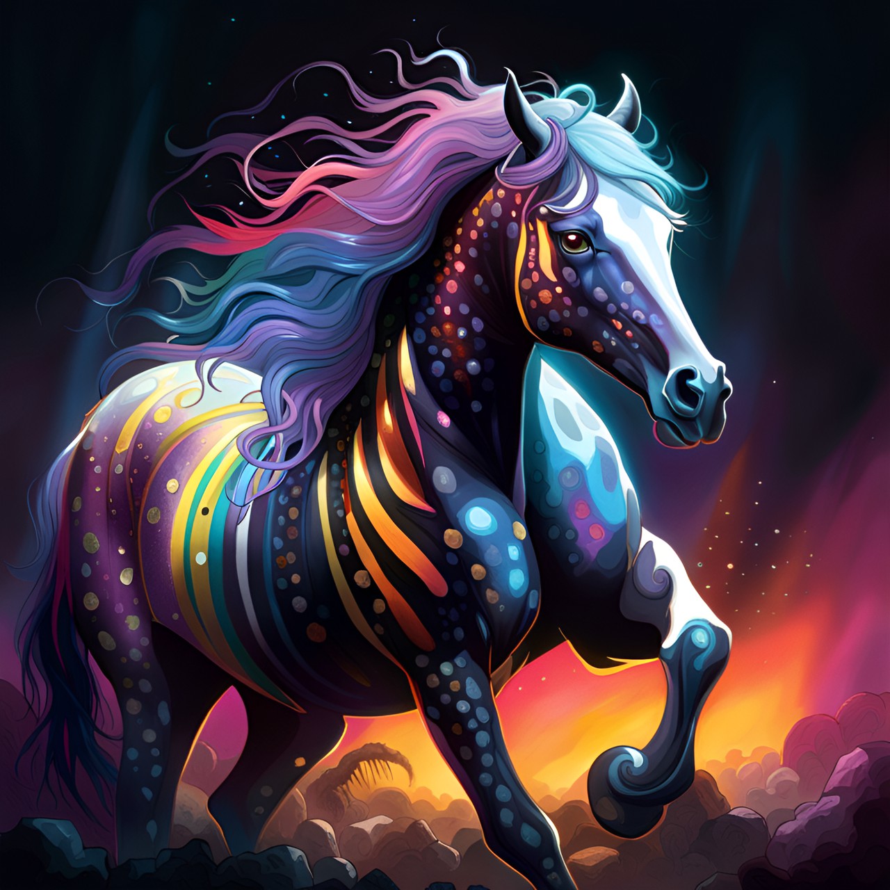 a appaloosa horse, light microscopic, with his stripes shining in the light. preview