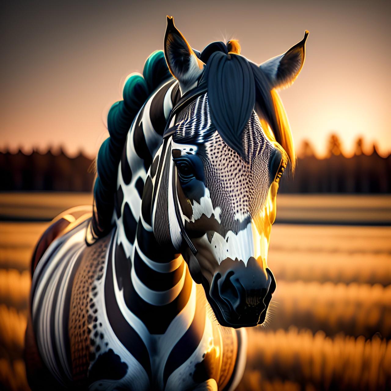 a appaloosa horse, light microscopic, with his stripes shining in the light. preview