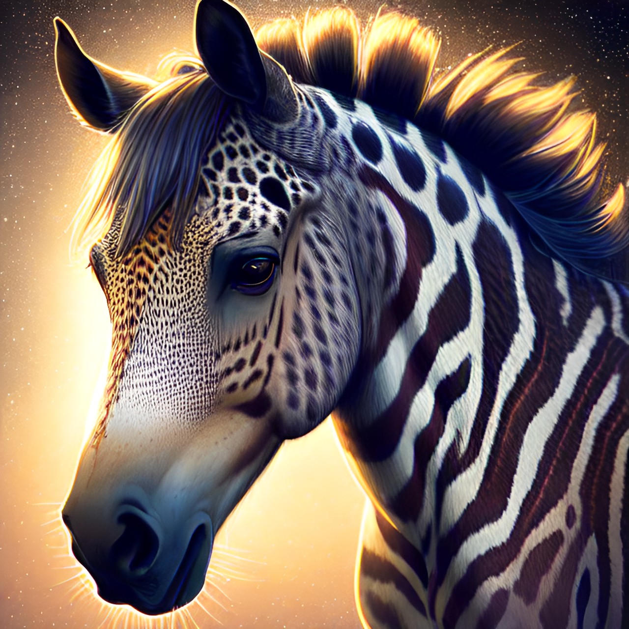 a appaloosa horse, light microscopic, with his stripes shining in the light. preview