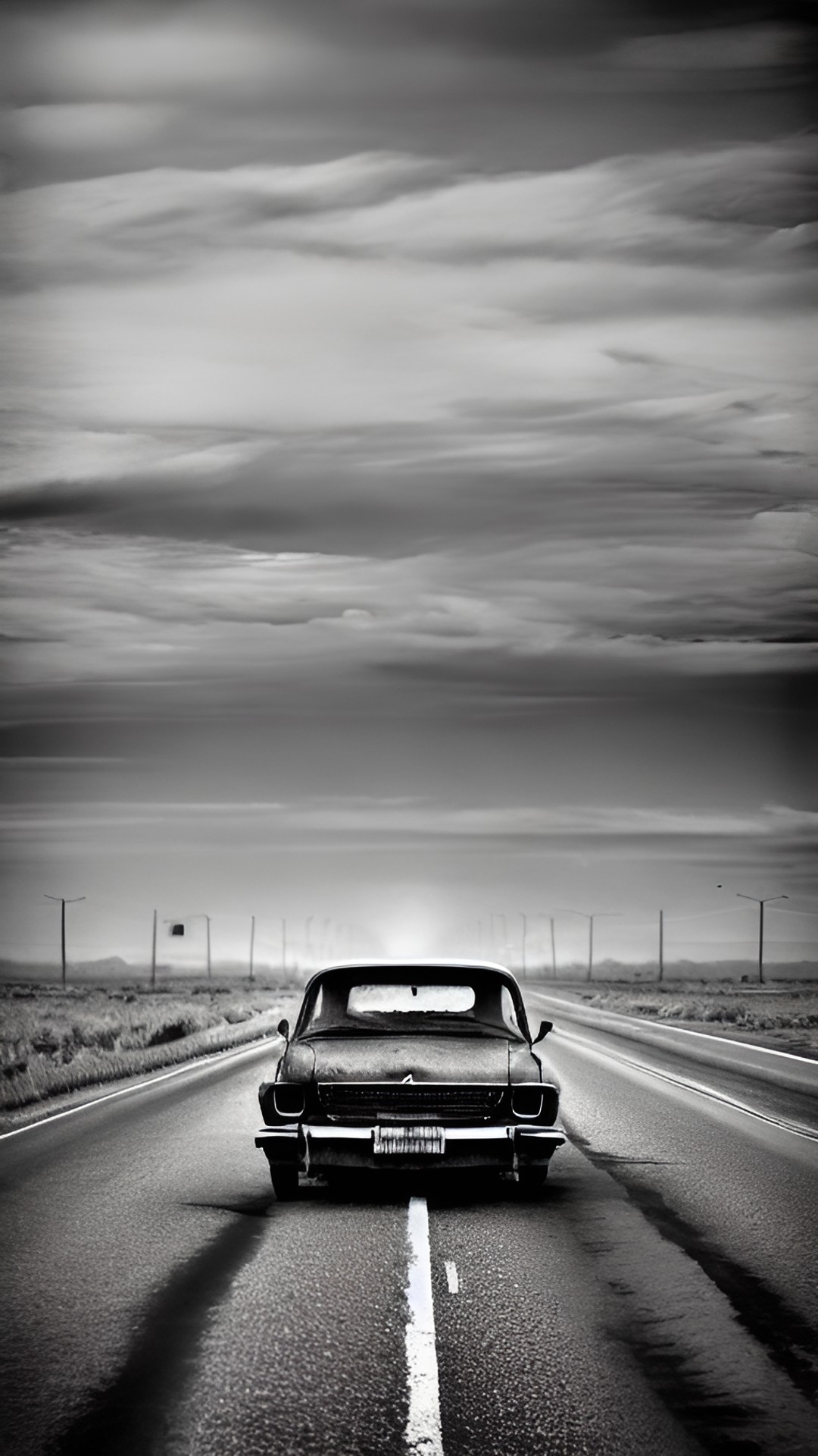 Alone. - car on a deserted road. the car is old and battered, and the road is long and winding. there is a feeling of desolation and loneliness. preview