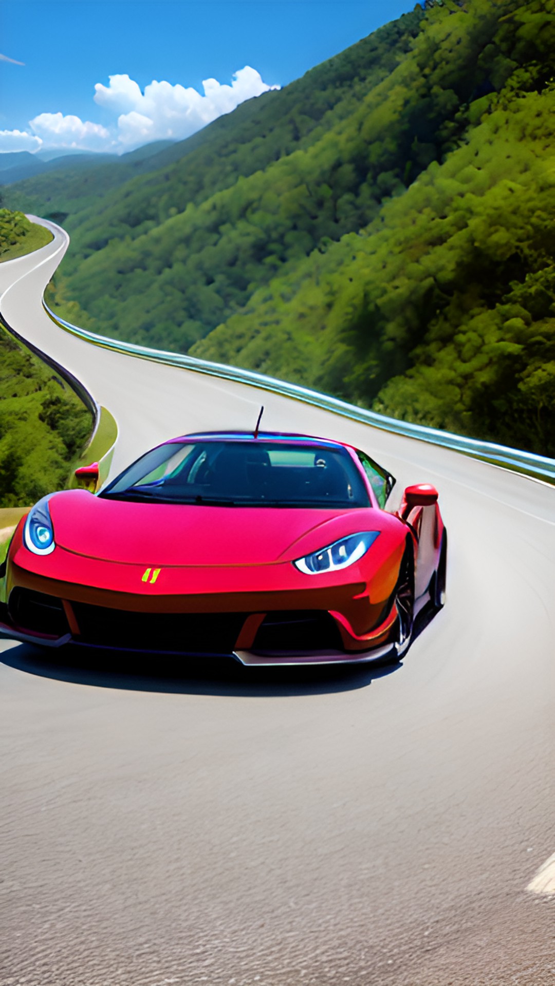 Ferrari in Mountains - car racing down a winding road at high speed. the driver is focused and determined, and the car is gleaming in the sun. preview