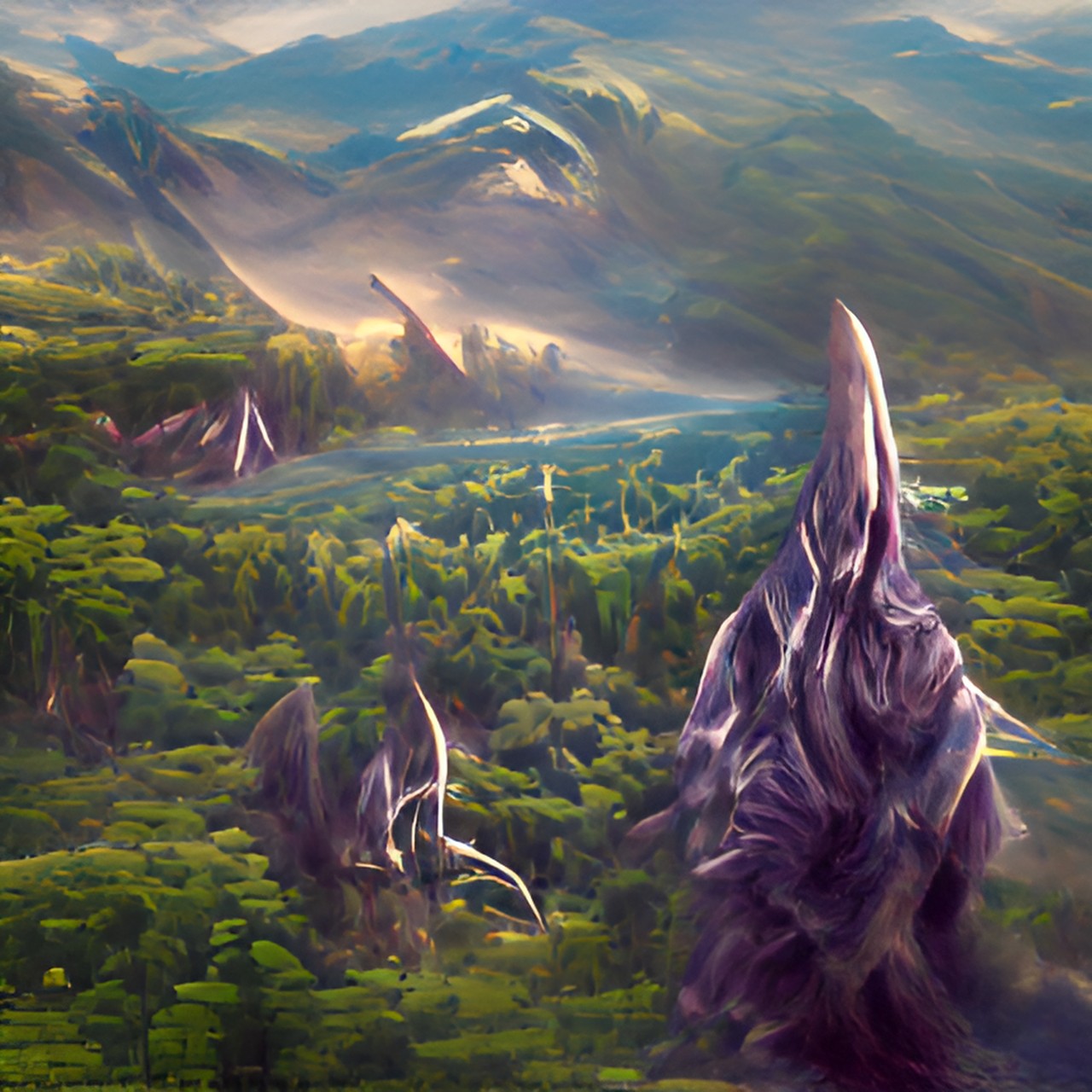 Alien planet - alien like creatures and forest with mountains in the distance preview