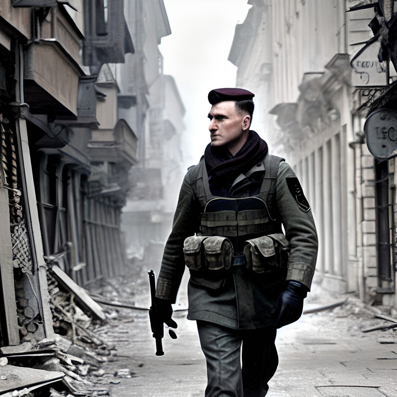 Polands  WW2 attack - modern polish solider walking through a bombed town in 1939 preview