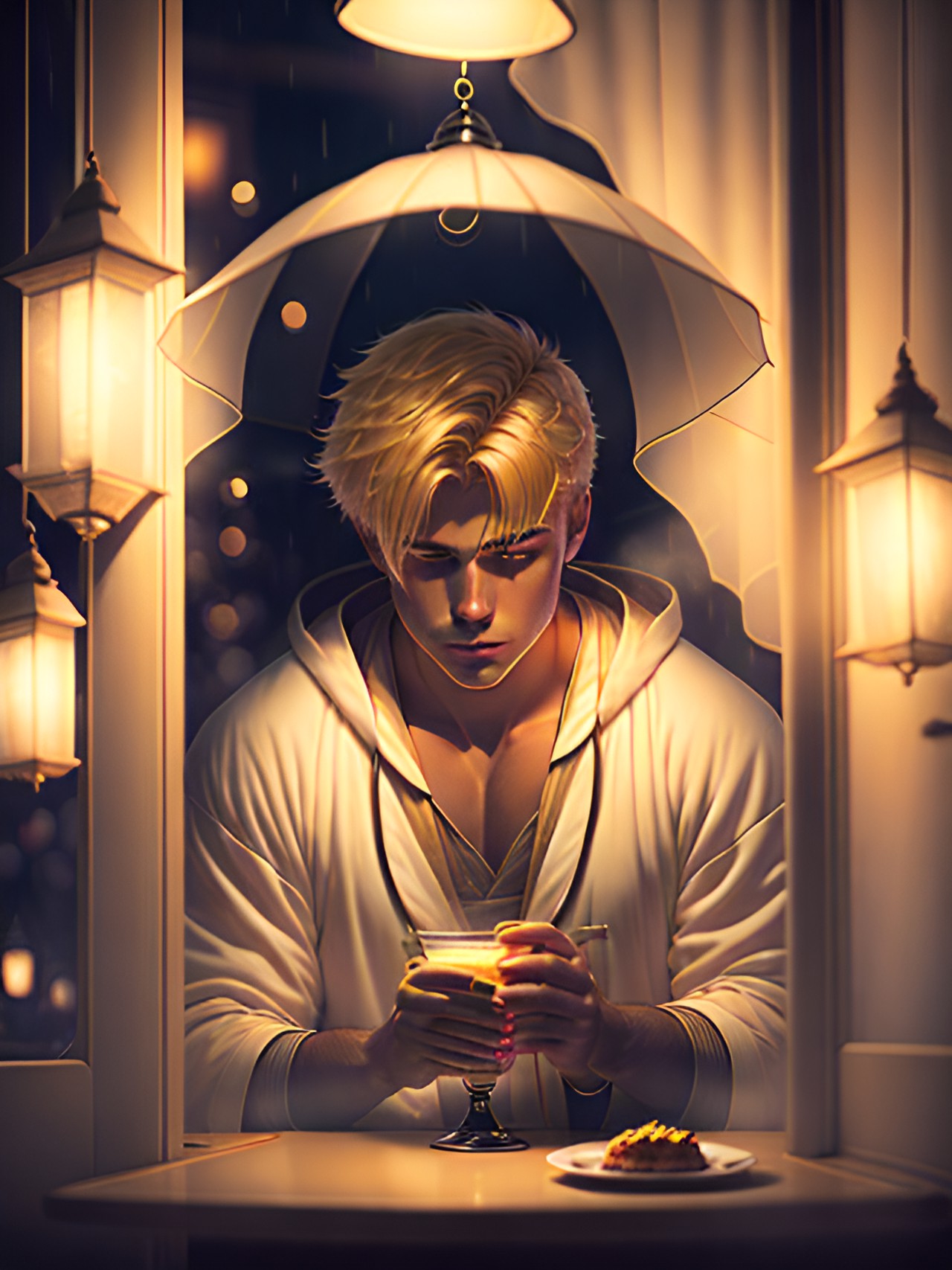 🍛 🍛 - blonde man in a robe eating at a lone restaurant at night; top view; steamy, dim, low light; lanterns; voluminous atmosphere; anime preview