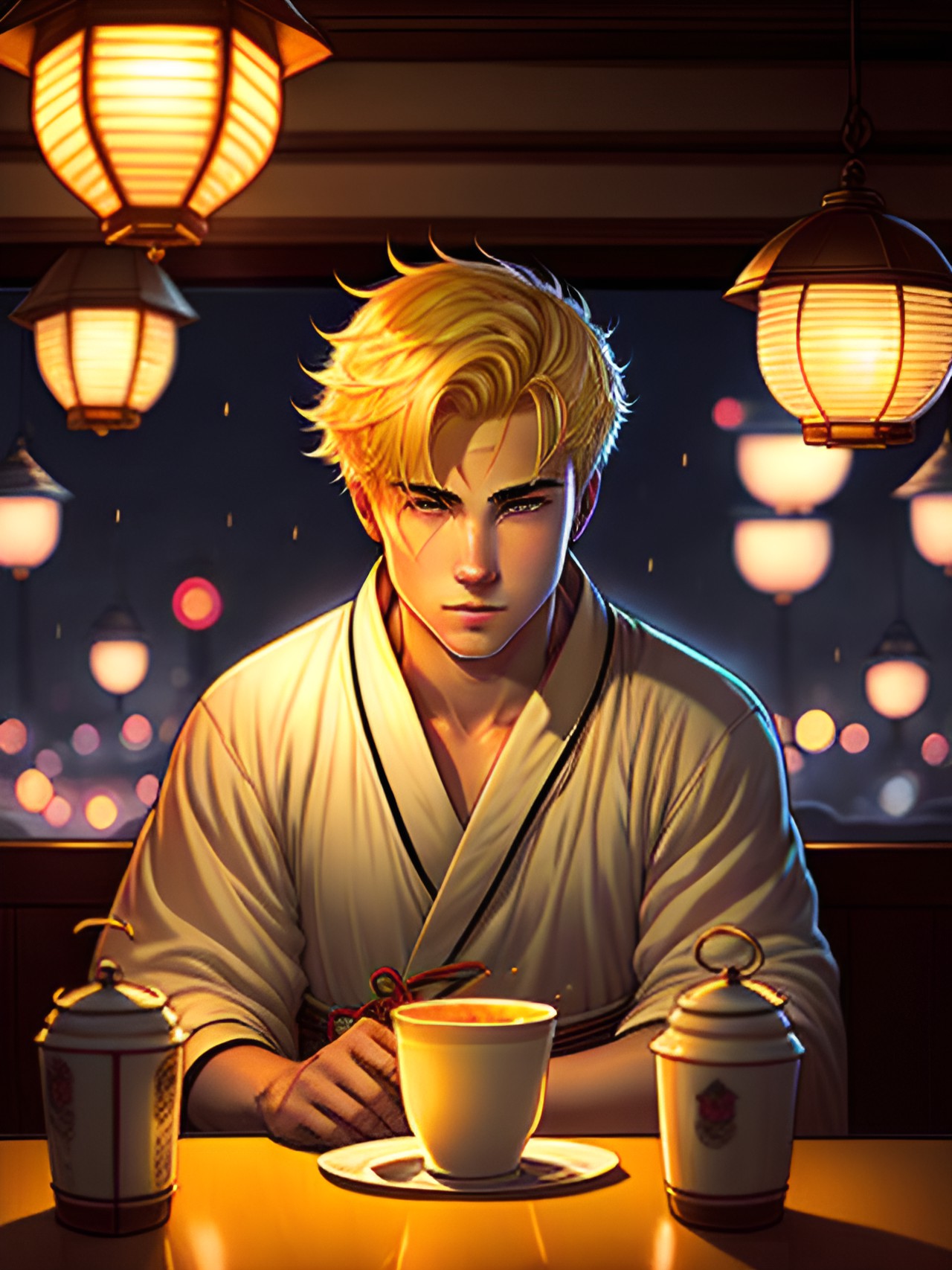 🍛 🍛 🍛 - blonde man in a robe eating at a lone restaurant at night; top view; steamy, dim, low light; lanterns; voluminous atmosphere; anime preview