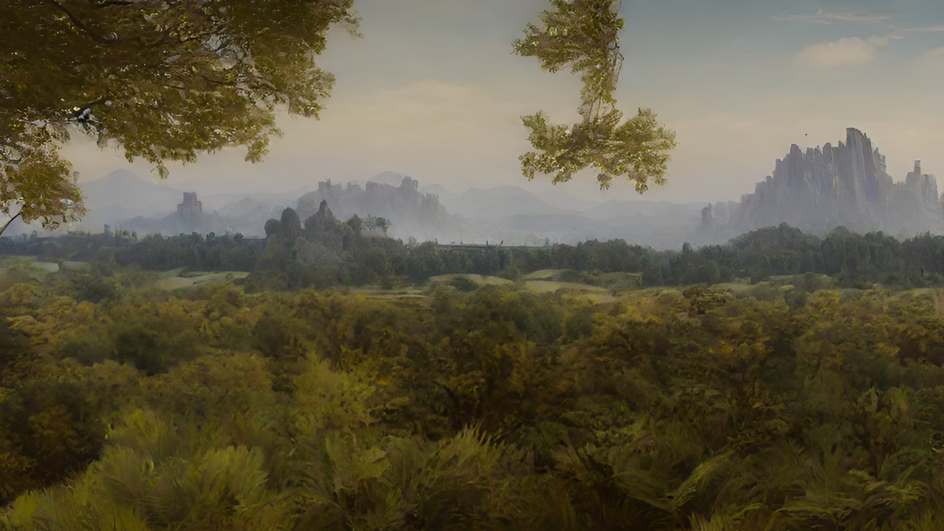 A field, mountains - giant landscape in first person with a field with a forest in the back and at the very back a medieval castle with mountains surrounding it in surreal detail preview