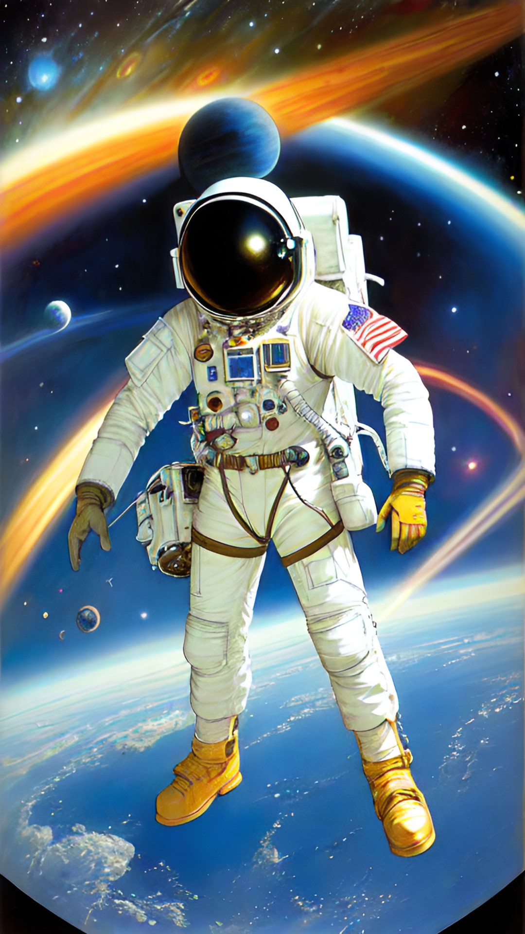 an astronaut looking into space with hundreds of planets in view. she's wearing a white suit with a blue helmet, and her visor is reflecting the planets. preview