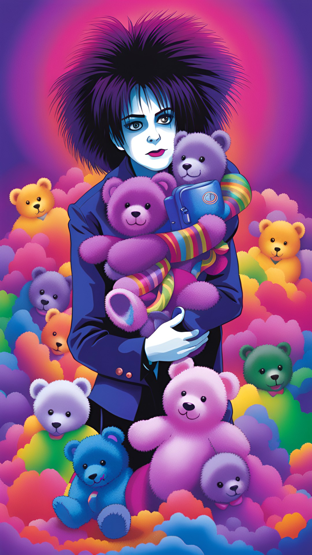 lisa frank style robert smith from the band the cure, holding a teddy bear preview