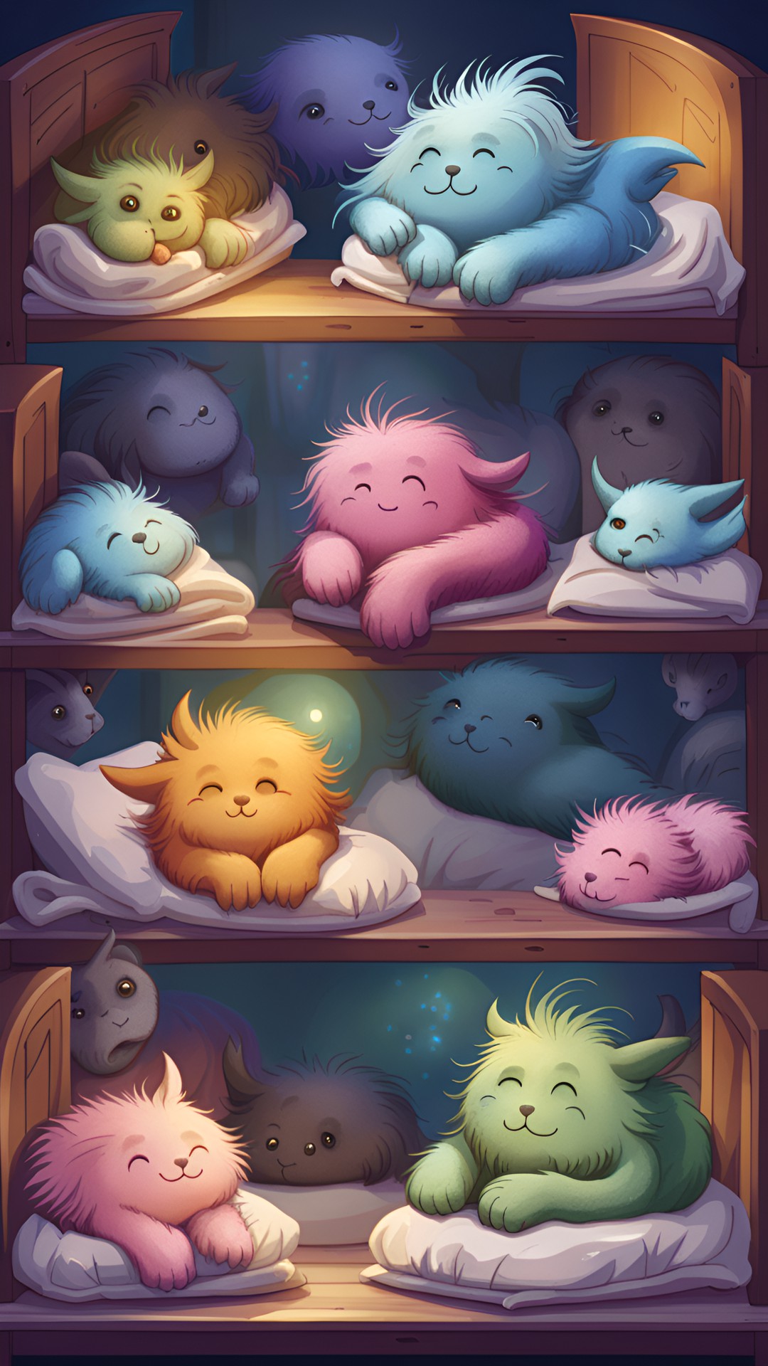 at the orphanage for abandoned magical creatures, a dormitory with several little fluff monsters sleeping peacefully in their beds. high-res digital illustration preview