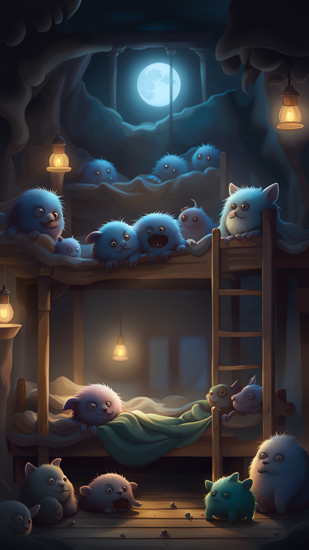 at the orphanage for abandoned magical creatures, a dormitory with several little fluff monsters sleeping peacefully in their beds. good night, little ones! high-res digital illustration preview