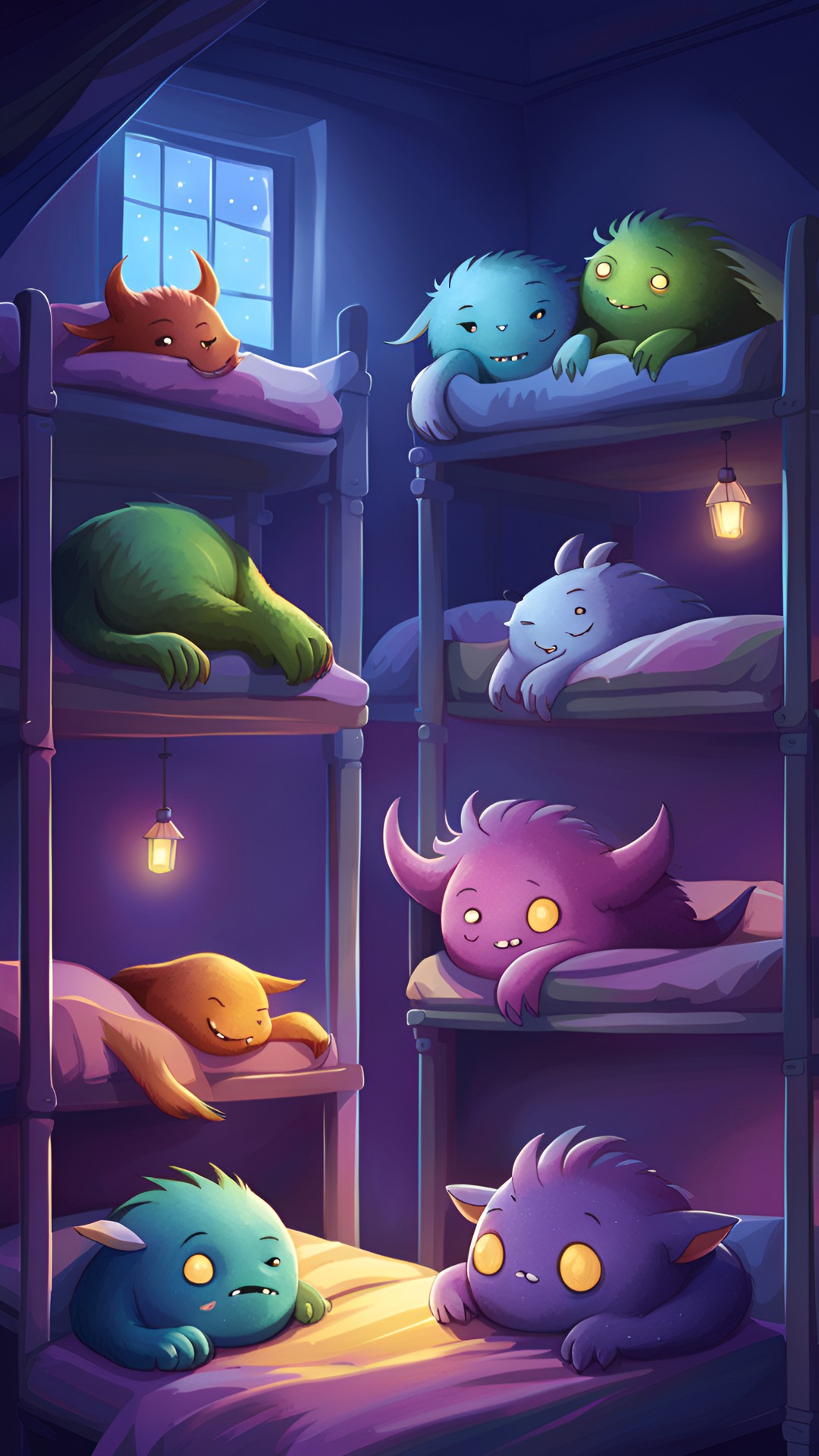 at the orphanage for abandoned magical creatures, a dormitory with cute monsters snuggled into their beds, sleeping peacefully. night. high-res digital illustration preview
