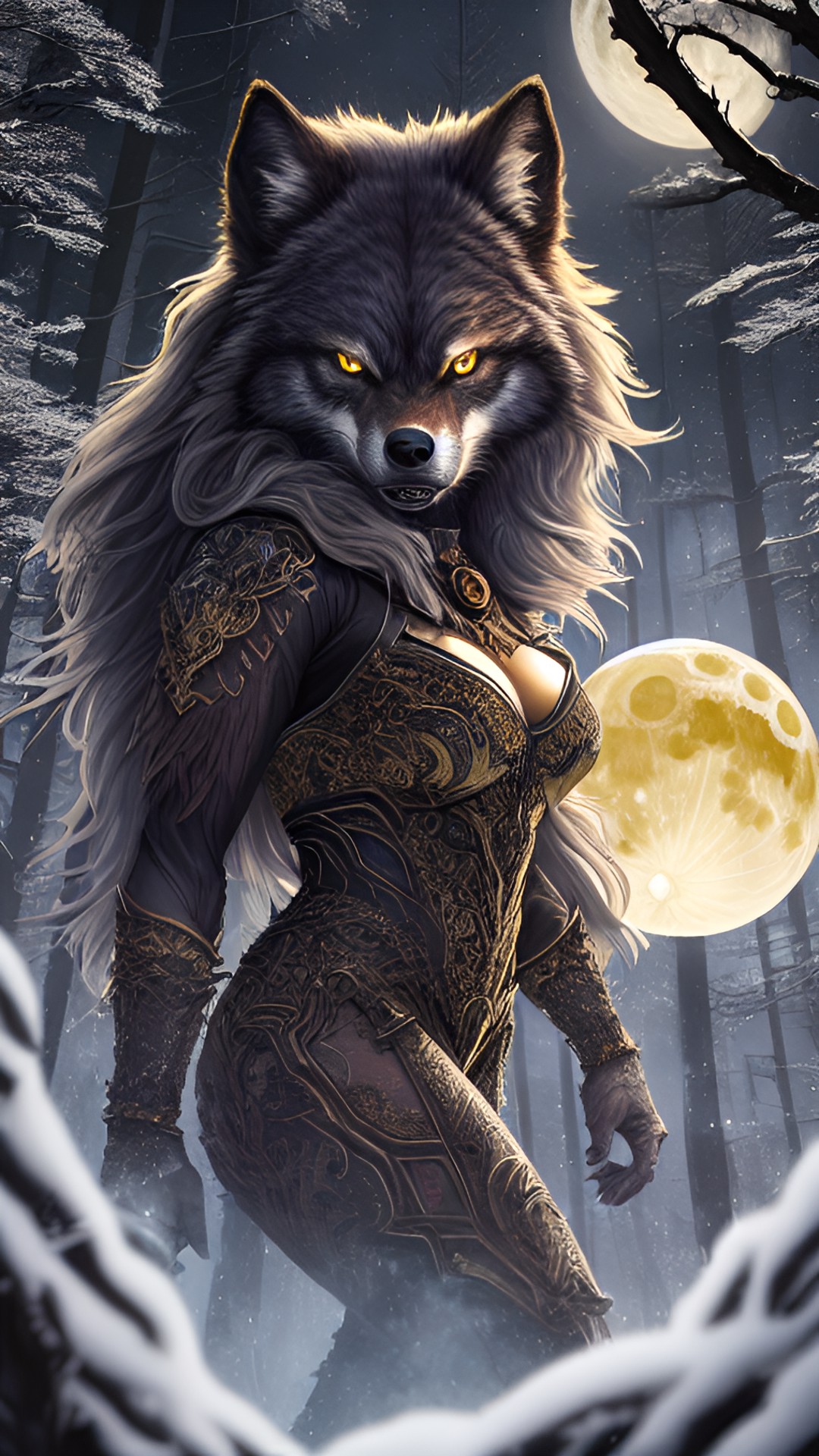 best quality, masterpiece, ultra-detailed, illustration, detailed light, intense transformation, fierce, 1 woman, solo, werewolf, medium build, long hair, wild, dark brown fur, snarling expression, glowing yellow eyes, sharp fangs, elongated nails, torn and tattered clothing, moonlit forest background, dense trees, eerie blue moonlight, intense sha preview