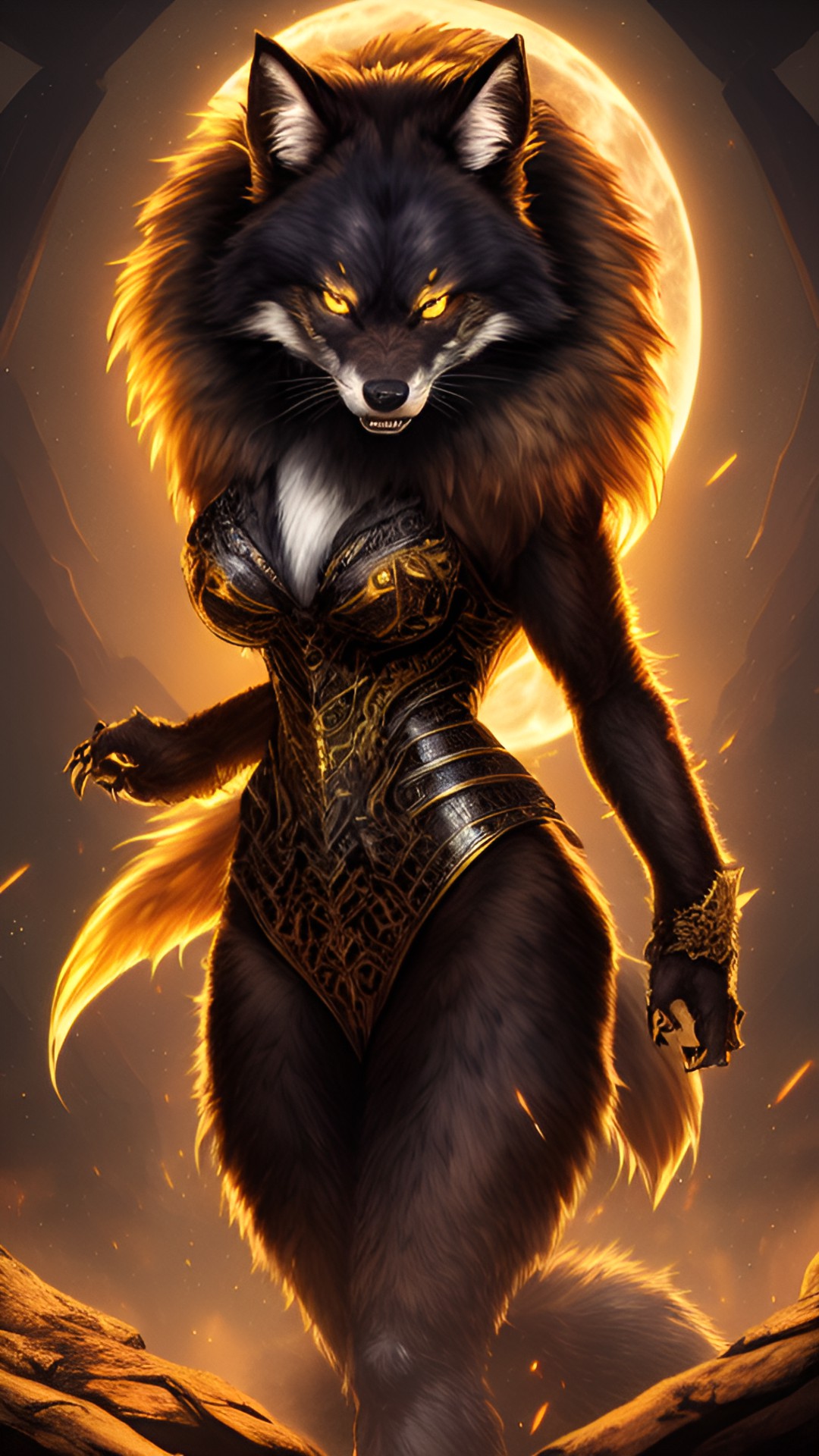 best quality, masterpiece, ultra-detailed, illustration, detailed light, intense transformation, fierce, 1 woman, solo, werewolf, medium build, long hair, wild, dark brown fur, snarling expression, glowing yellow eyes, sharp fangs, elongated nails, dynamic pose, claws tearing through fabric, fur merging with her skin, sense of power and raw primal preview