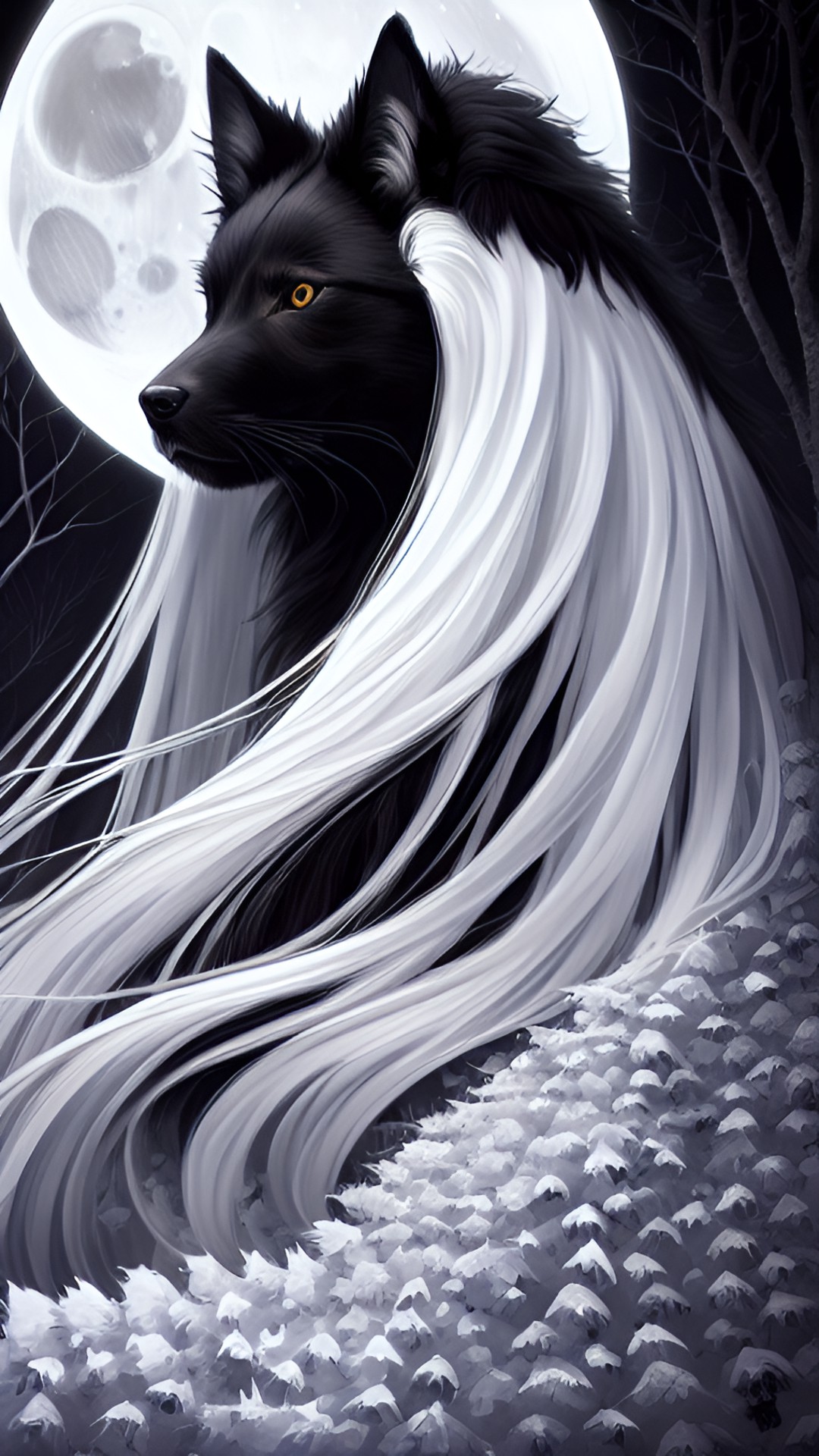 best quality, masterpiece, ultra-detailed, illustration, highly detailed transformation, magical, surreal, mysterious, dark atmosphere, moonlit night, 1 woman, solo, long flowing hair, intense eyes, shocked expression, human form fading away, dog form emerging, fur transforming, ears and tail growing, black and white color palette, moonlit forest b preview