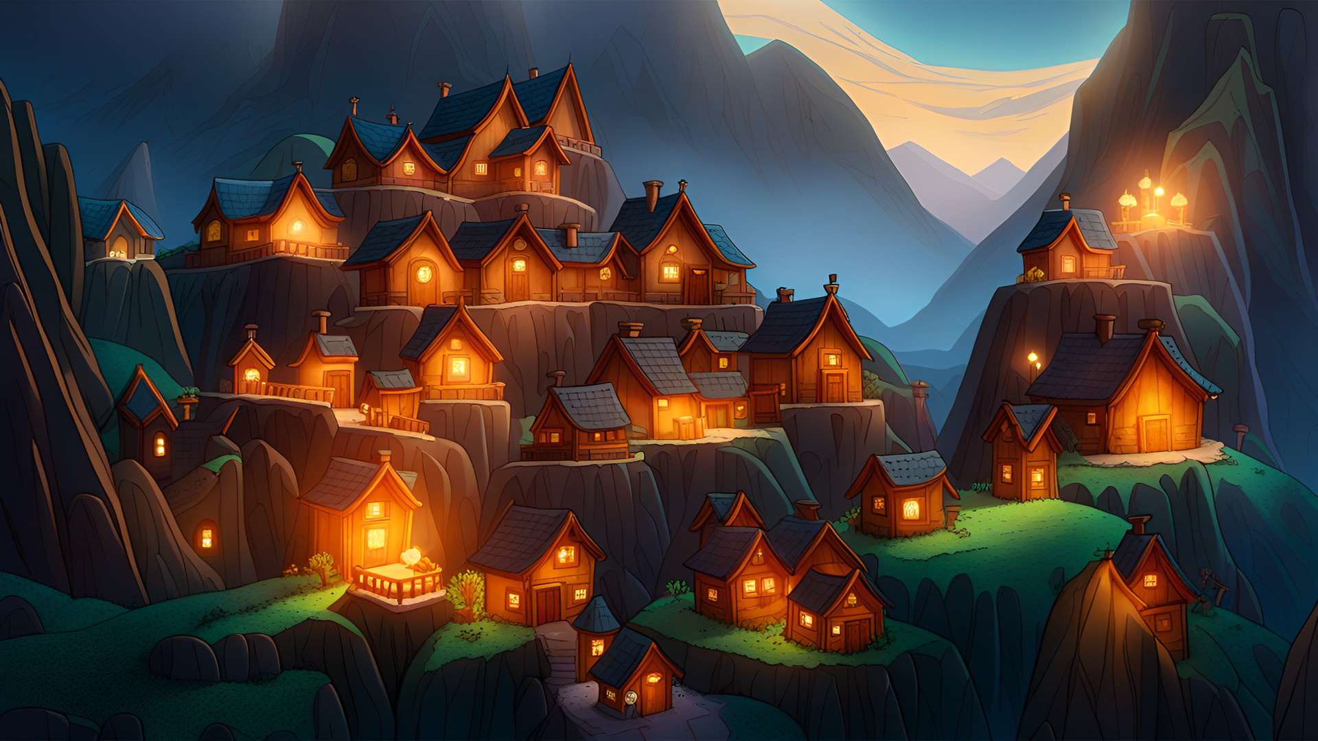 glowing village in the wispy mountains preview